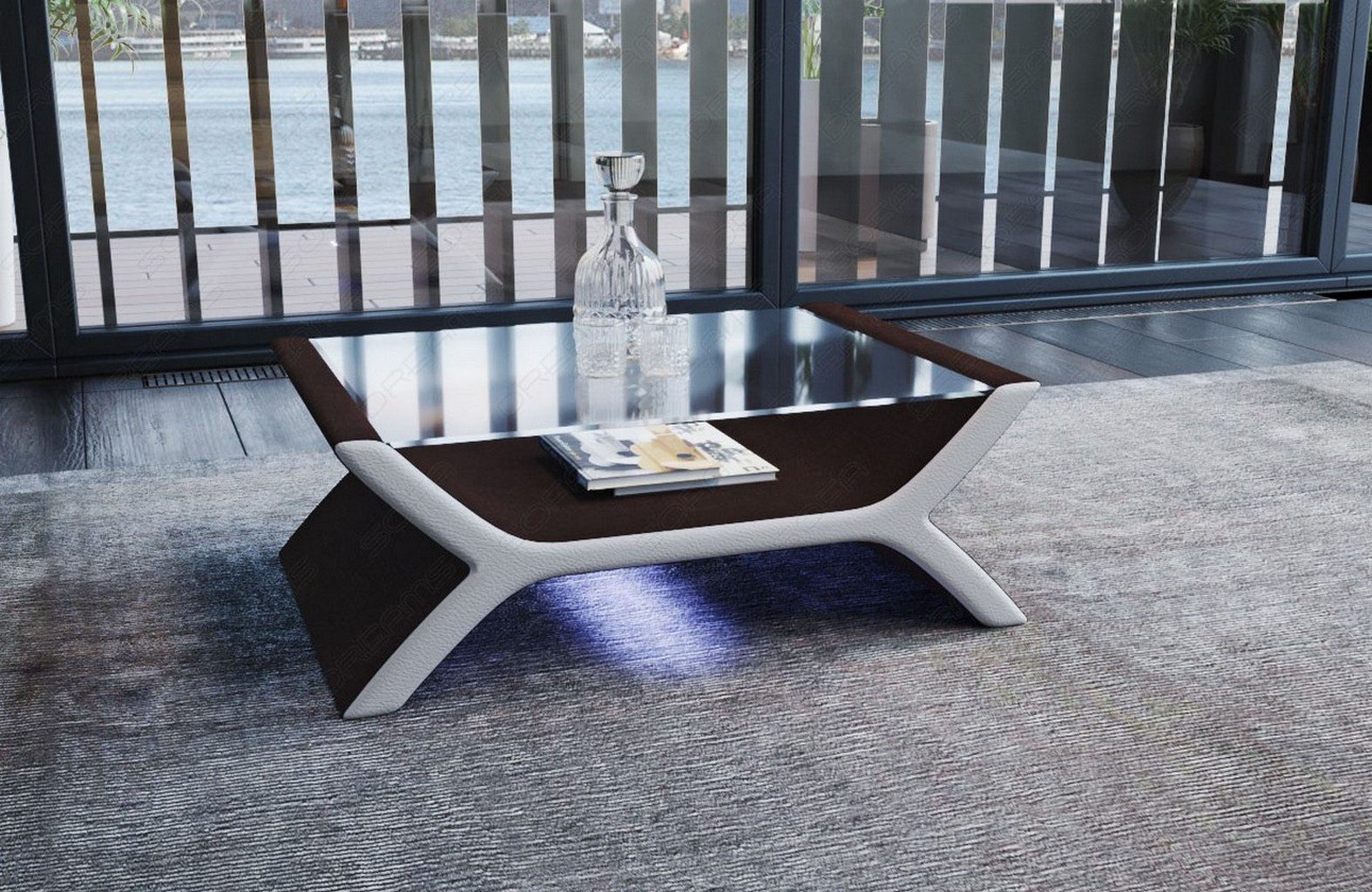 Sofa Dreams Couchtisch Calabria Tisch Stoff mit Sicherheitsglasplatte 12mm, Strukturstoff Bezug in Graubraun, Akzentfarbe Kunstleder Weiß