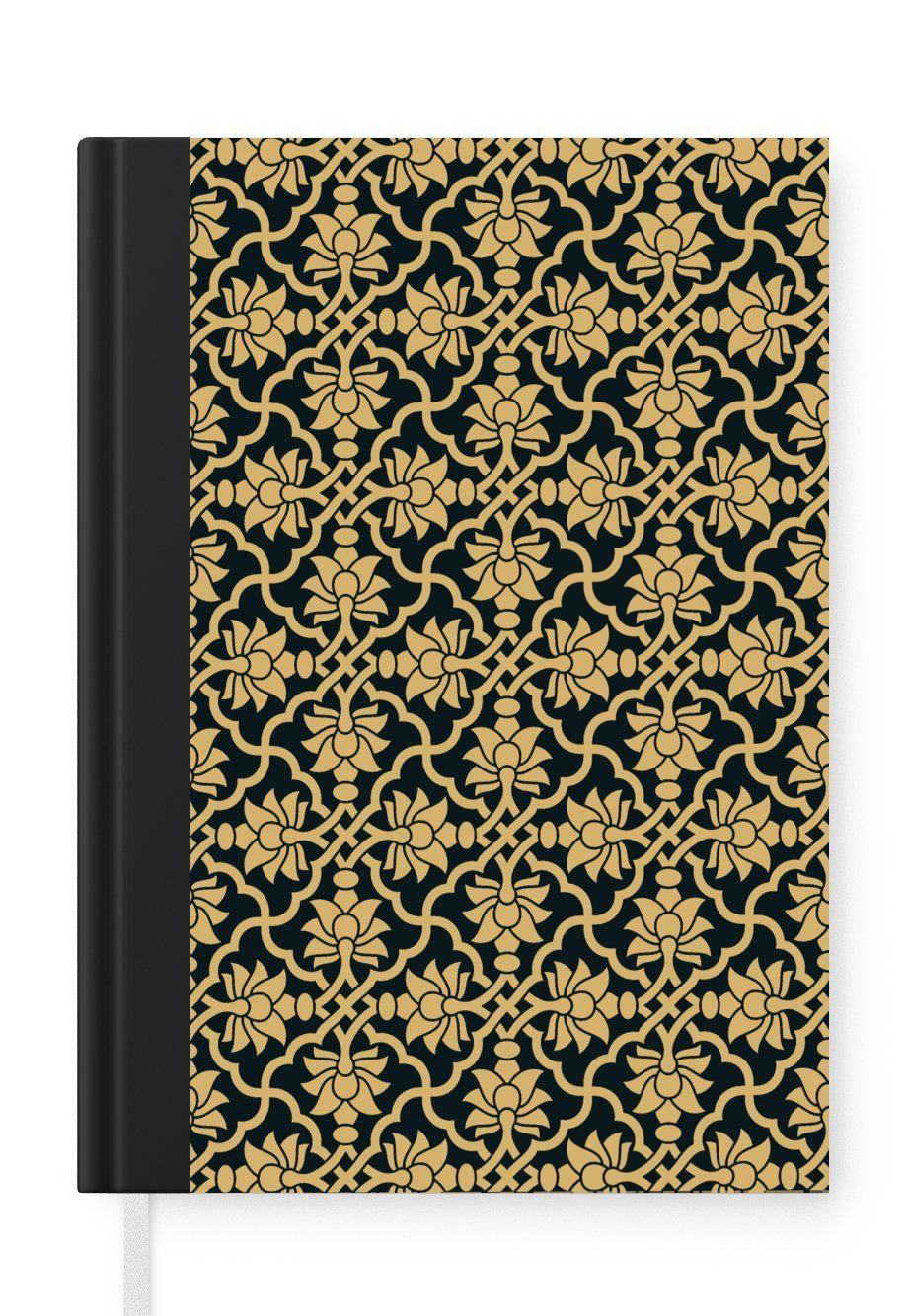 MuchoWow Notizbuch Blumen - Schwarz - Gold - Muster, Journal, Merkzettel, Tagebuch, Notizheft, A5, 98 Seiten, Haushaltsbuch