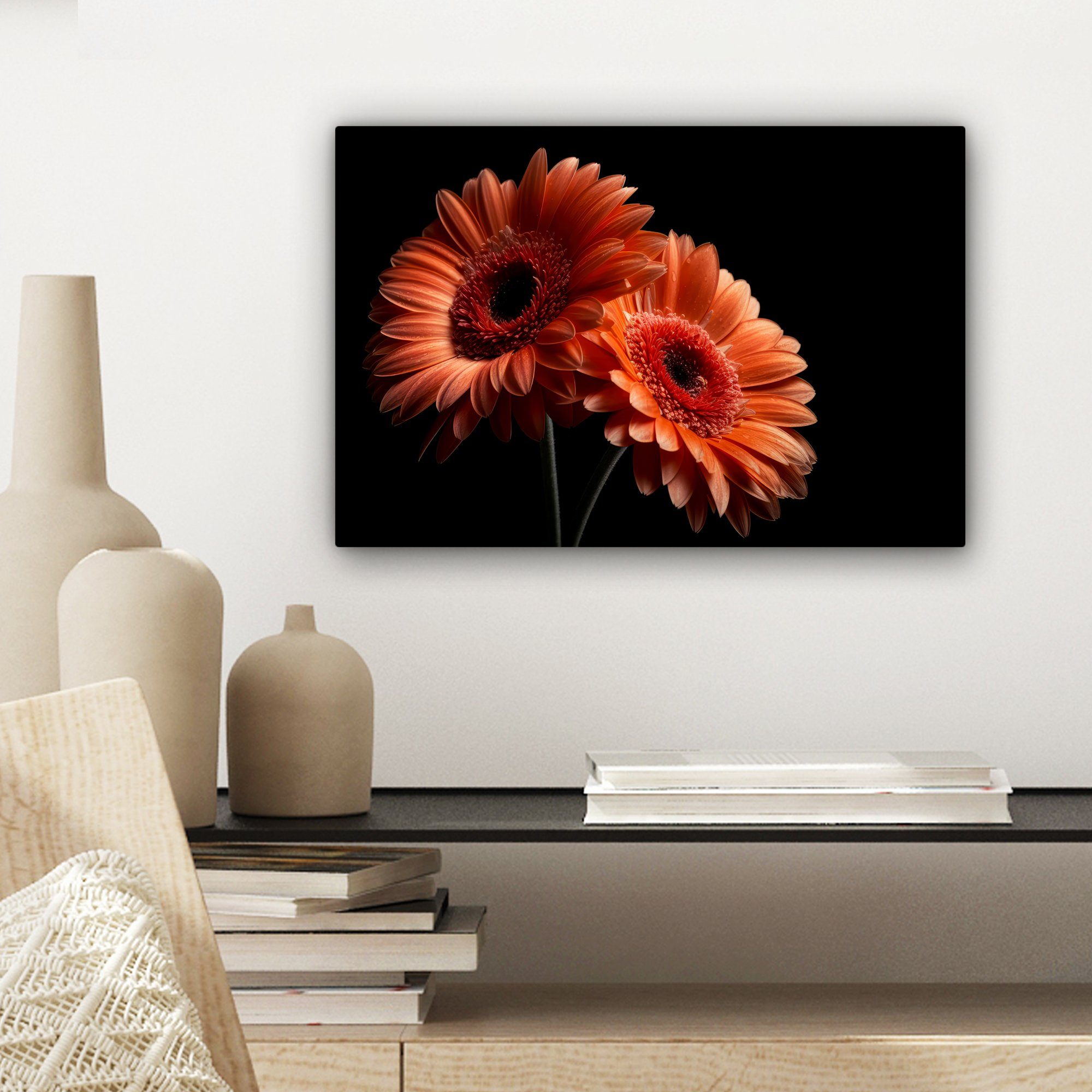 OneMillionCanvasses® (1 30x20 Schwarz, Orange Aufhängefertig, Botanisch Wanddeko, - Wandbild Leinwandbild Blumen cm St), Leinwandbilder, - - Gerbera -