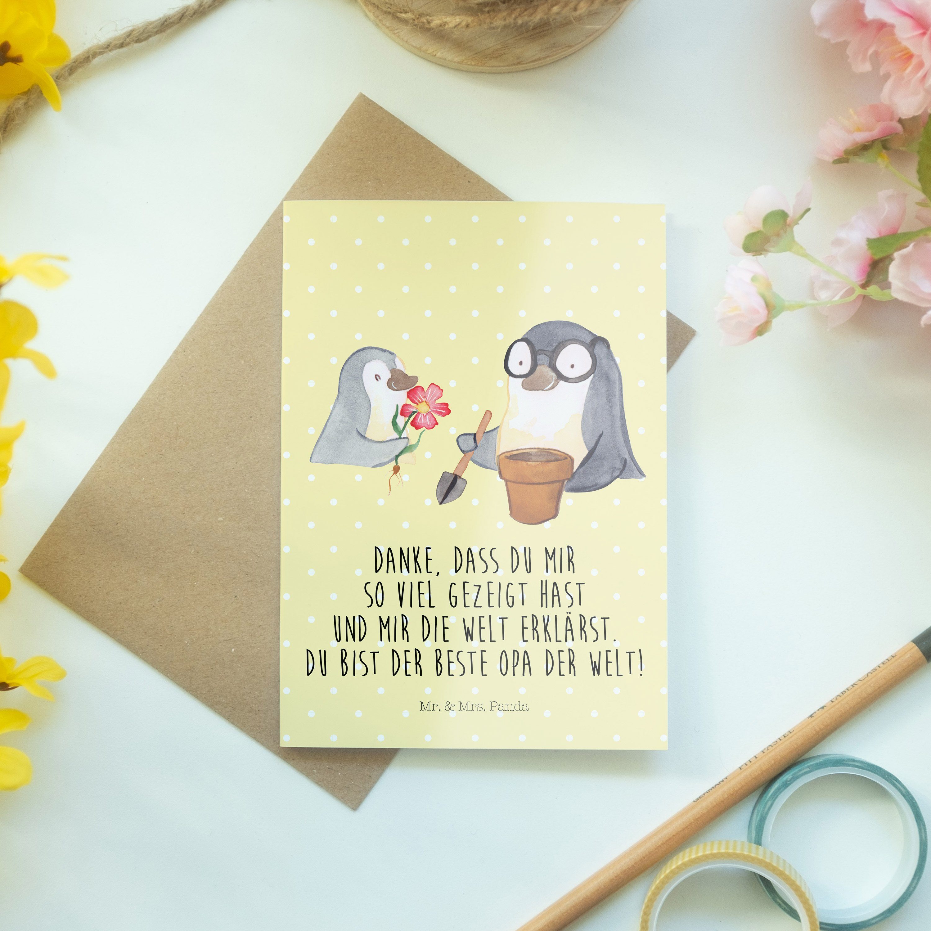 Mr. & Mrs. Panda Pinguin Geschenk, - Karte, Gelb Blumen Gr Opa Oma, Pastell pflanzen Grußkarte 