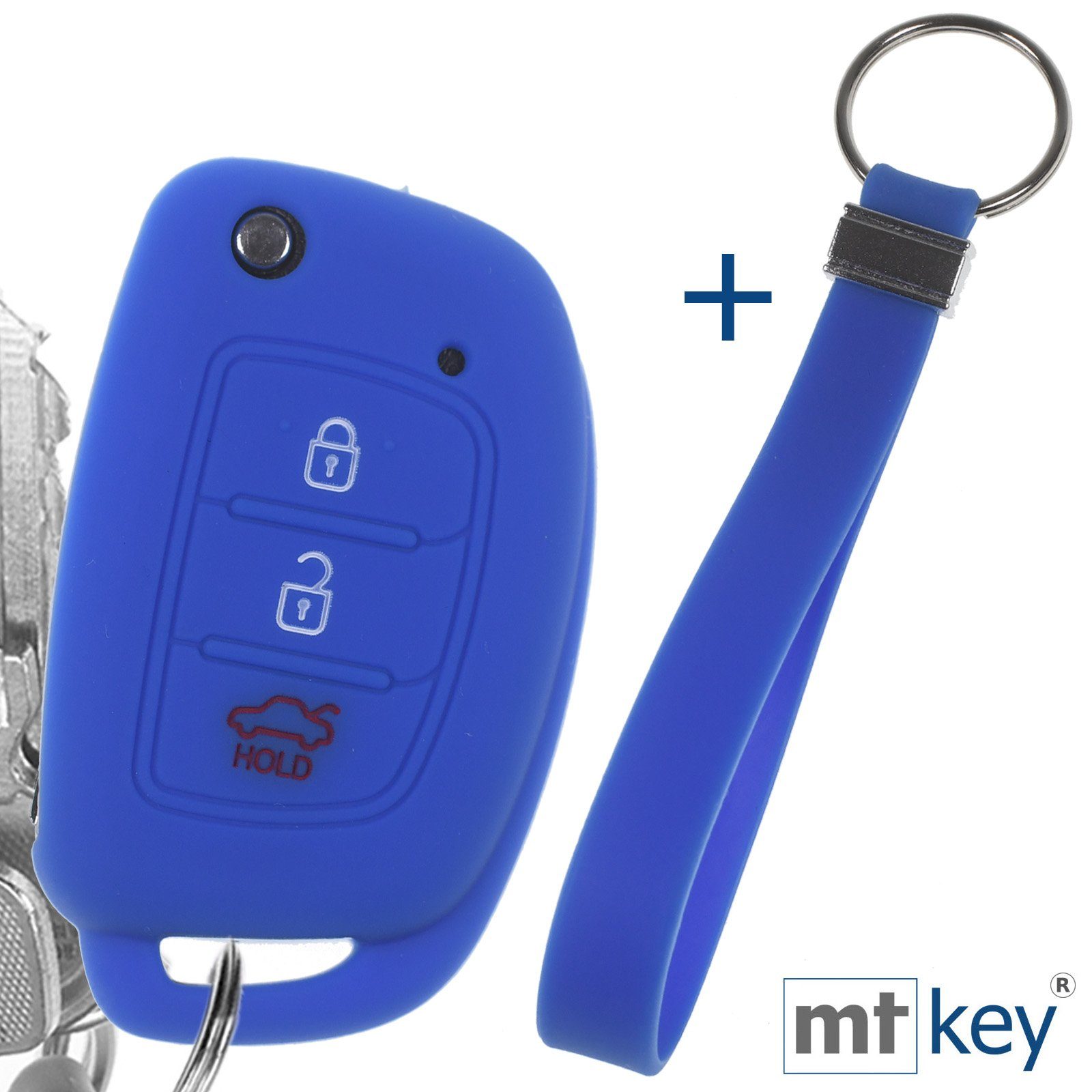 mt-key Schlüsseltasche Autoschlüssel Accent i40 Knopf für + Wabe Klappschlüssel i20 ix25 Blau Silikon im 3 Hyundai ix35 Schlüsselband, i10 Schutzhülle Tucson Design