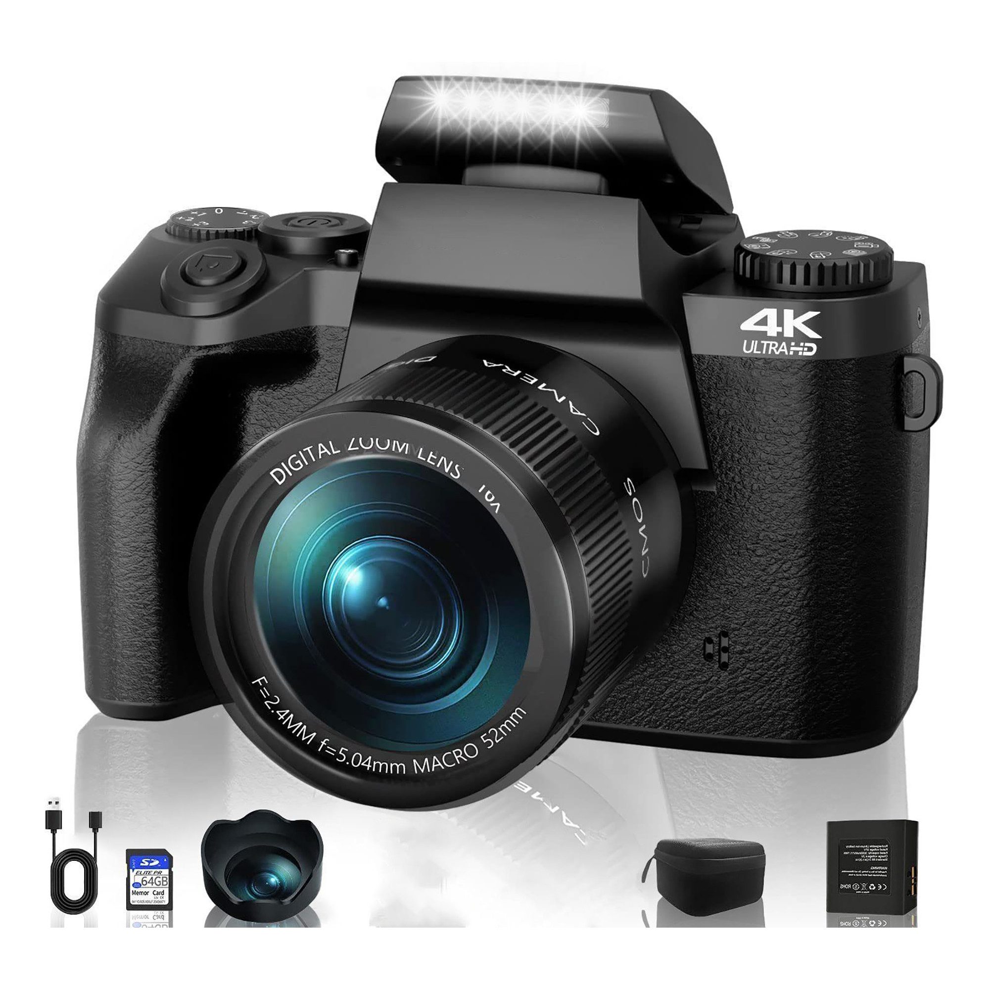 Fine Life Pro W5 Digitalkamera 64MP Kompaktkamera Superzoom-Kamera (64 MP, WLAN (Wi-Fi), inkl. 4K 64MP Digitalkamera, Kostenlose 32GB Speicherkartex Inklusive Handtasche)