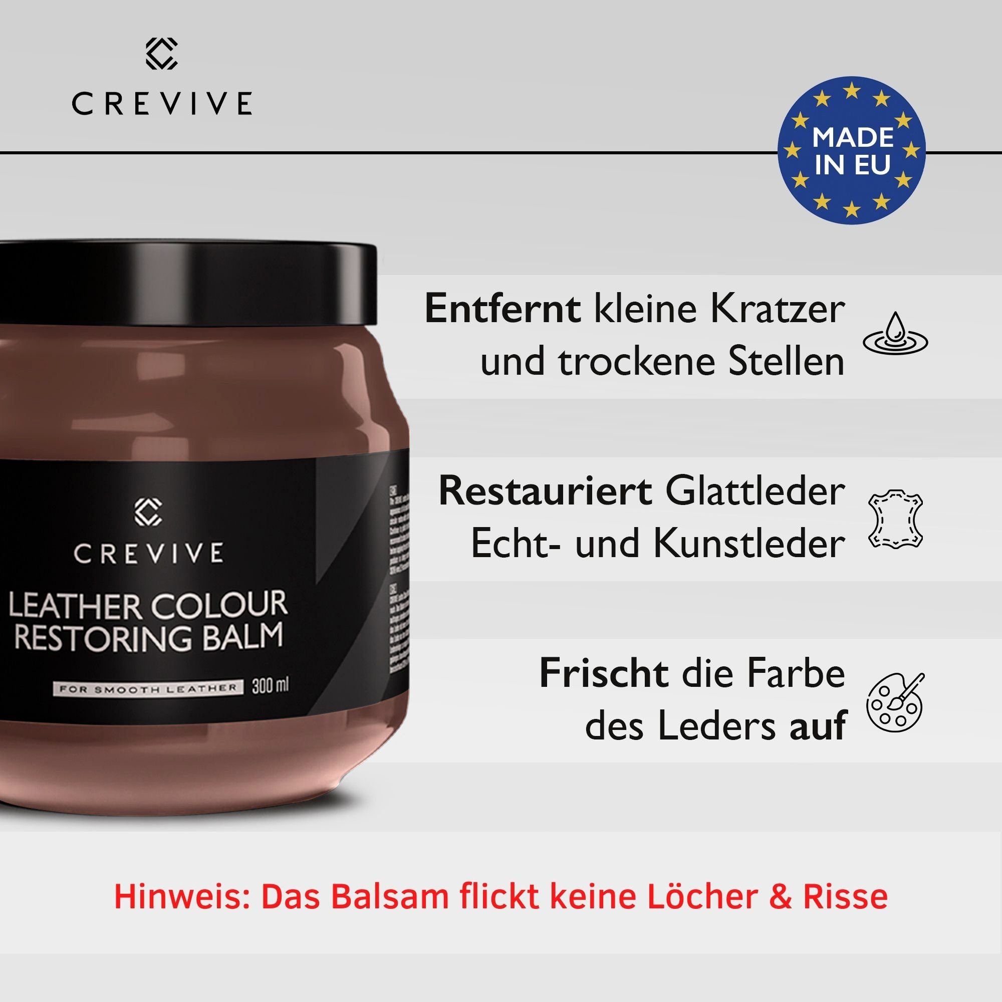 CREVIVE Lederpflegeset (SPARSET 4-teilig, Lederreparatur, sehr ergiebig), 300 ml Lederbalsam + 250 ml Lederreiniger mit Aloe Vera, Lederpflege