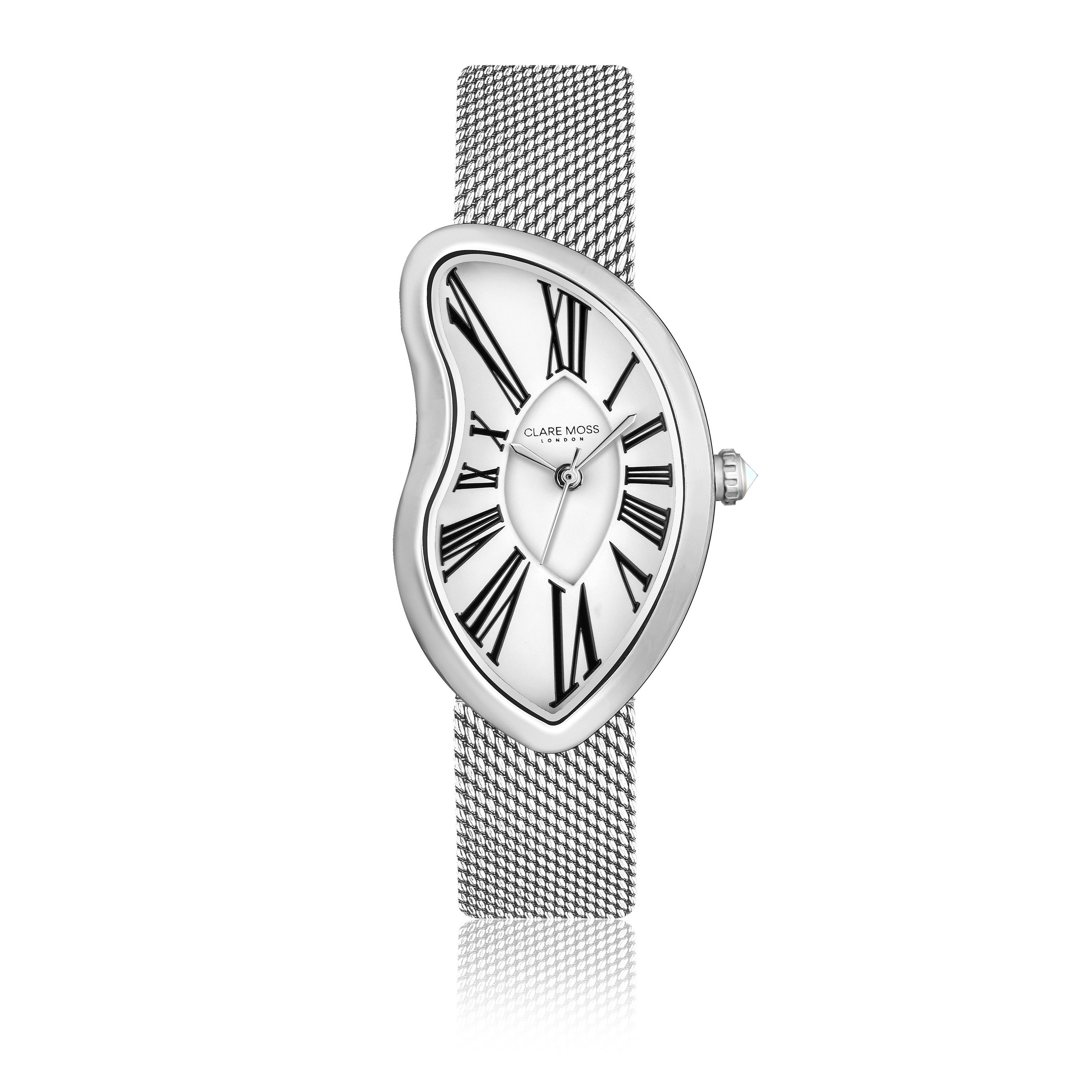 CLARE MOSS Quarzuhr CMA3-B014S "Old Money" – Weißes Silber-Netzgewebe