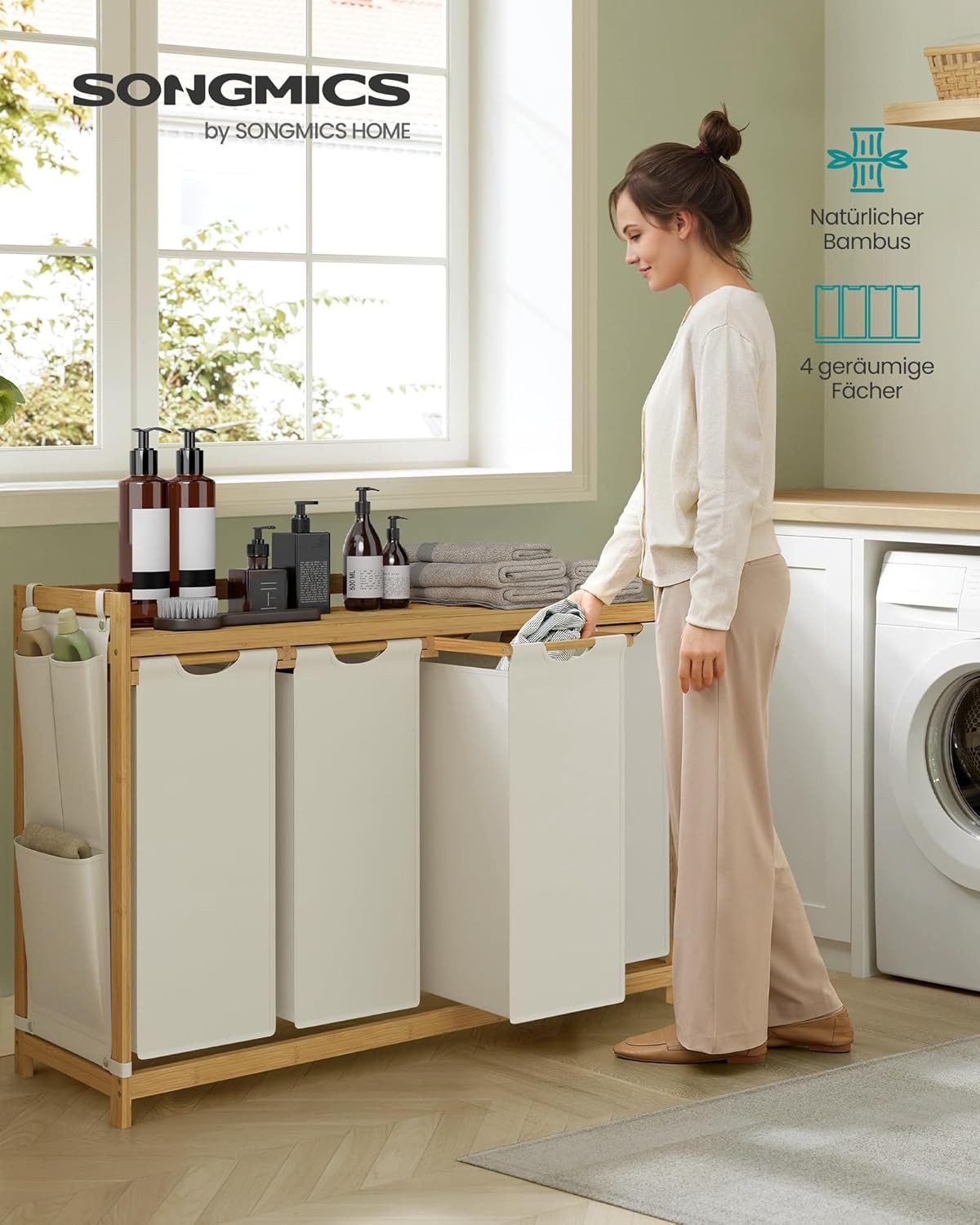SONGMICS Wäschekorb Wäschekorb 4 Fächer Bambus Wäschesortierer 200L Ablage & Wäschesäcken (Wäschesortierer 4 Fächer Bambus mit Ablage und abnehmbaren Wäschesäcken 200L, Wäschekorb 4 Fächer mit Wäschesäcken und Ablage), 4 Fächer, abnehmbare Wäschesäcke, Ablage, kleine seitliche Taschen
