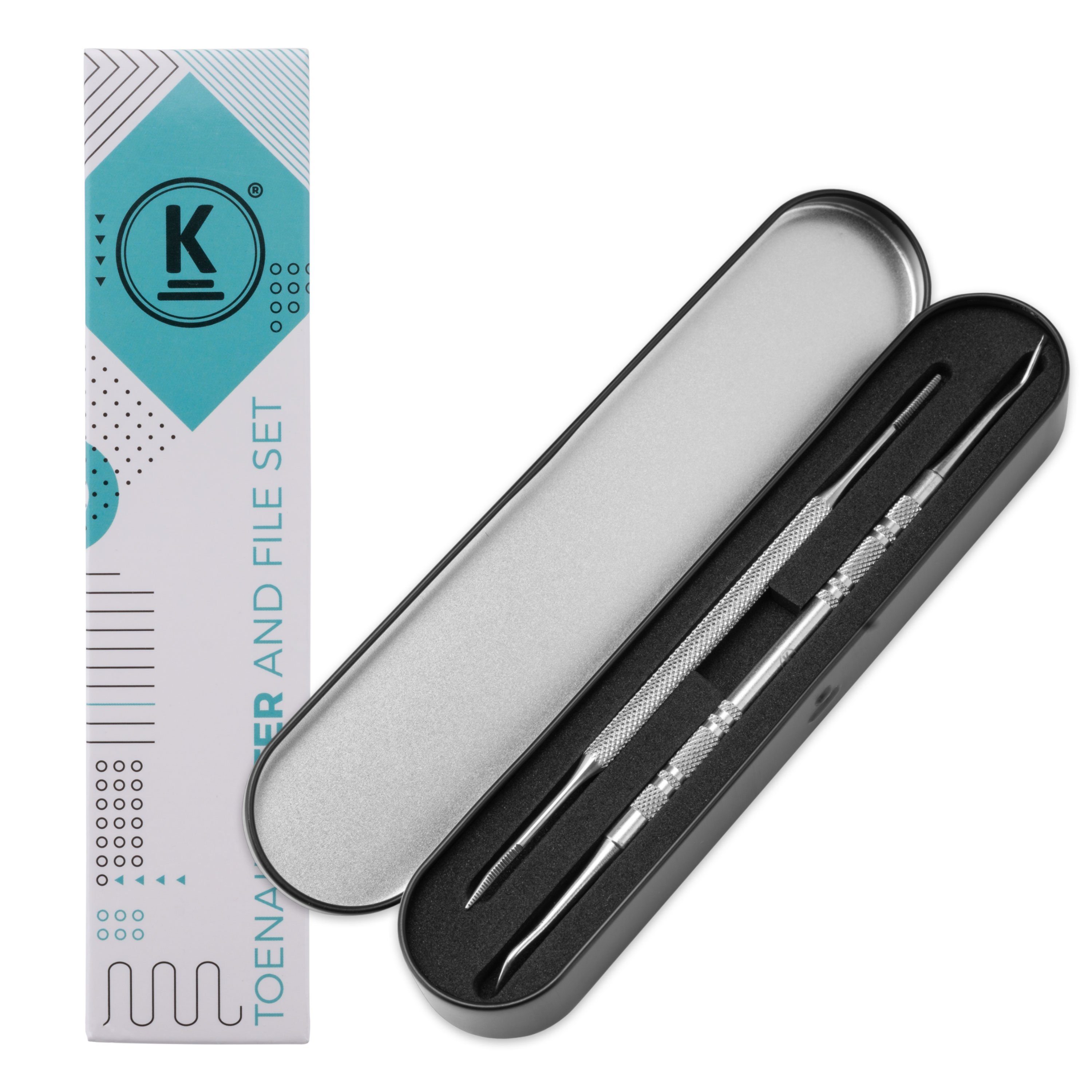 K-Pro Mineral-Nagelfeile Nagelheber + Feile - Eckenheber -Nagelhautschieber, Set, 2-tlg., 2er, Doppelt gebogener Heber, rostfreier Edelstahl