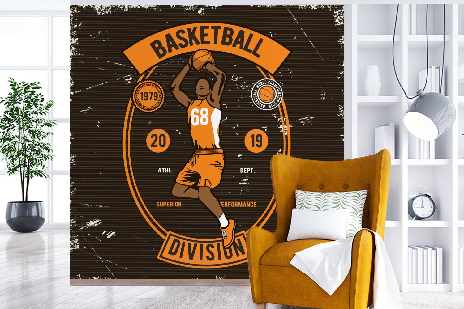 Schlafzimmer, Wandtapete Orange, - - Vintage Wohnzimmer für - oder Basketball St), Vinyl Fototapete Mancave Tapete (5 - Matt, Sport MuchoWow bedruckt,
