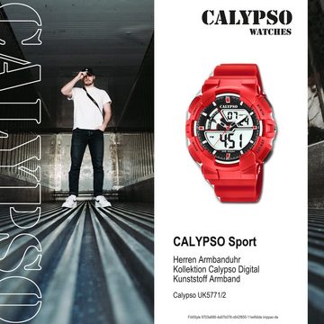 CALYPSO WATCHES Digitaluhr Calypso Herren Uhr K5771/2, (Analoguhr), Herren Armbanduhr rund, Kunststoff, PUarmband rot, Sport