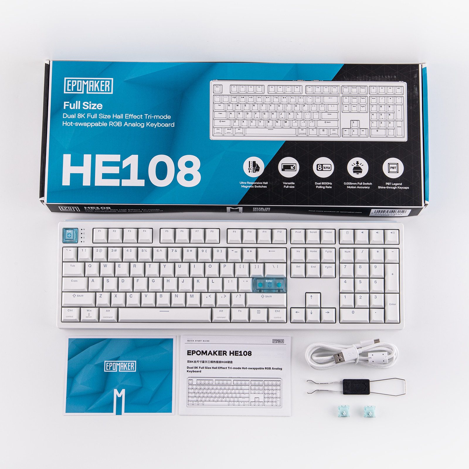 EPOMAKER Tastatur, 8K Polling & 10.000 mAh Akku, HE108 Kabellose Gaming-Tastatur (Full-Size Hall-Effekt-Tastatur – SOCD, DKS, RGB & PBT-Tastenkappen)