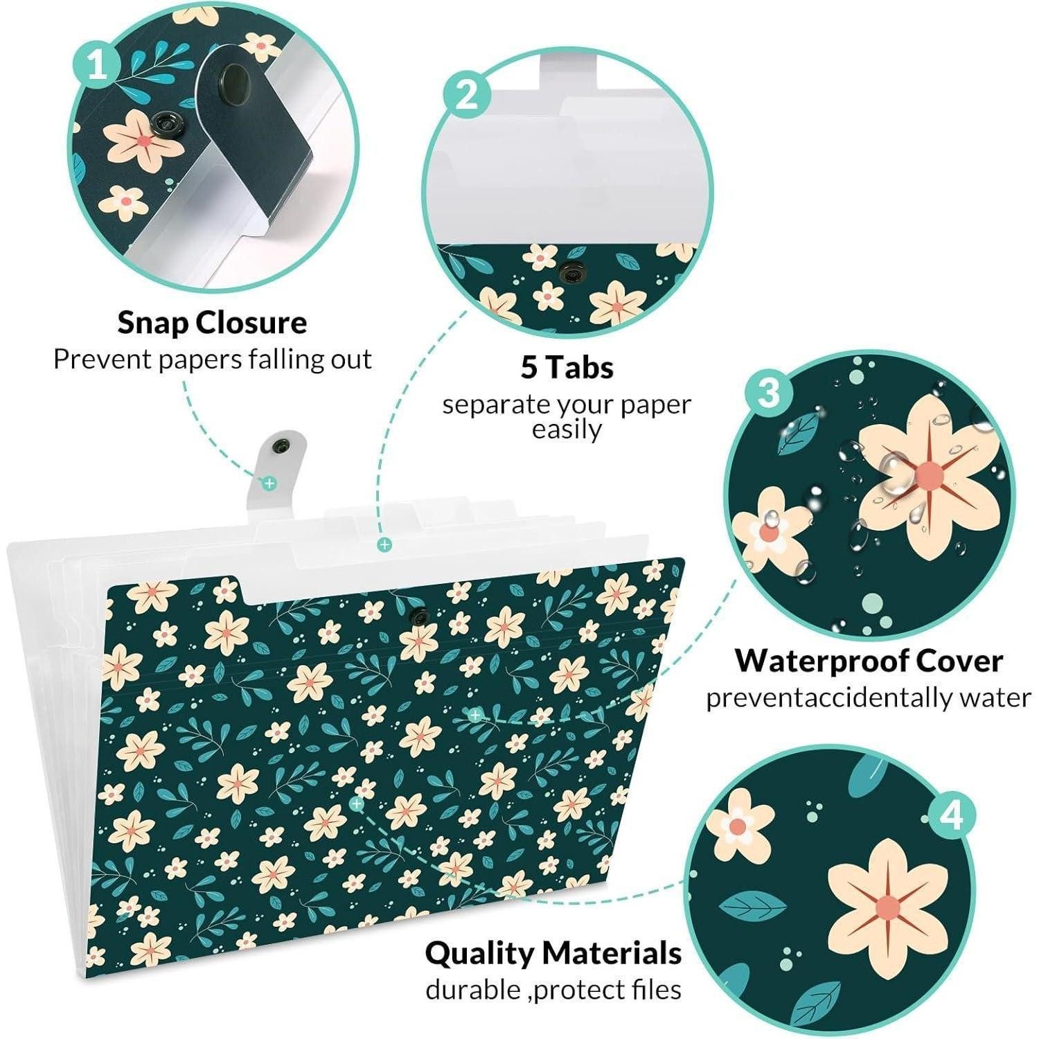LuxusKollektion Fächermappe Dokumentenmappe Fächermappe Blumenmuster Organizer A4 6 Tasche pine