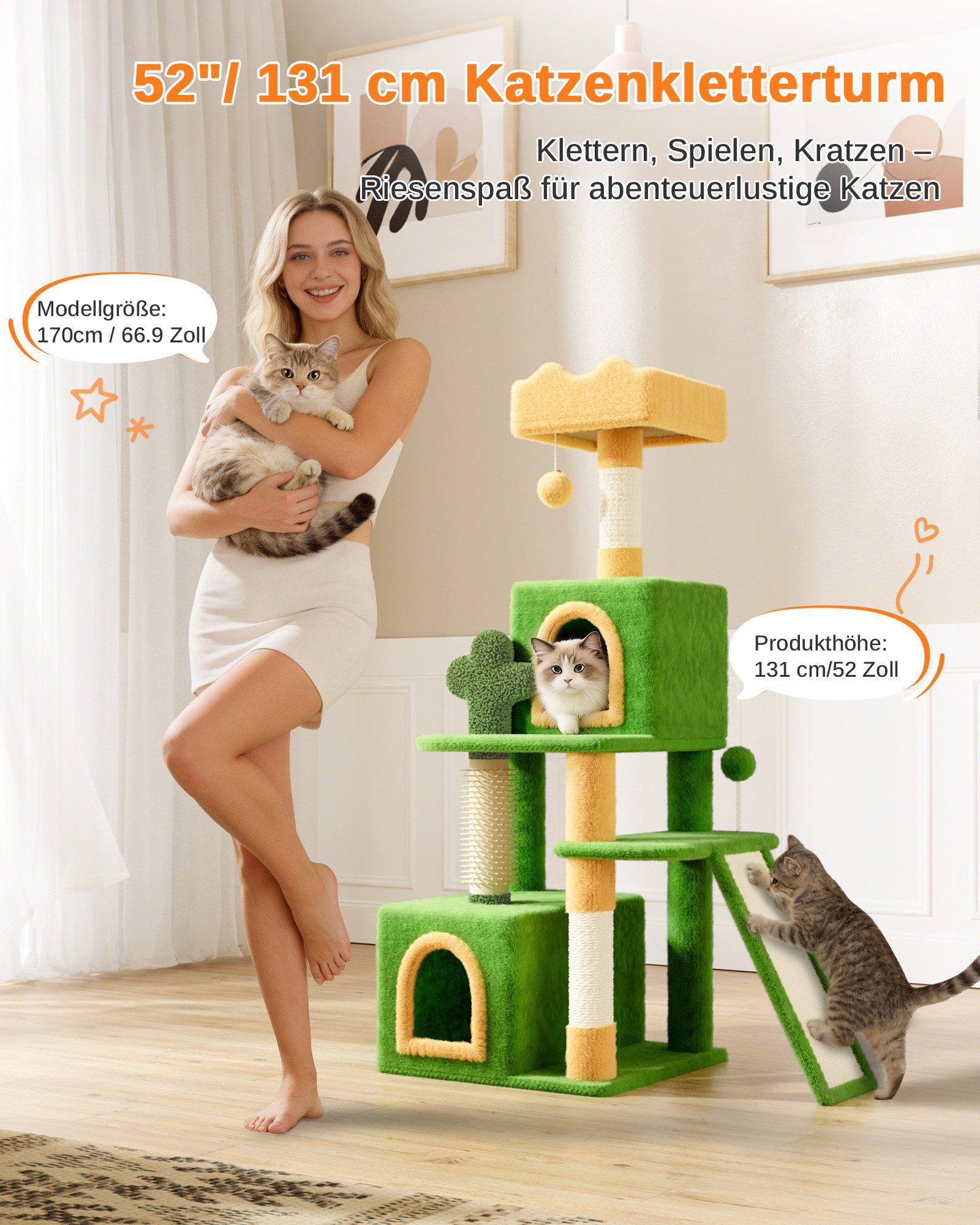 Dogat Kratzbaum Katzenkratzbaum 131 cm, Stabiler mit Höhle, Sisalstämmen und Spielball, 48x48x131 cm, für Wohnungskatzen & Mehrkatzenhaushalte