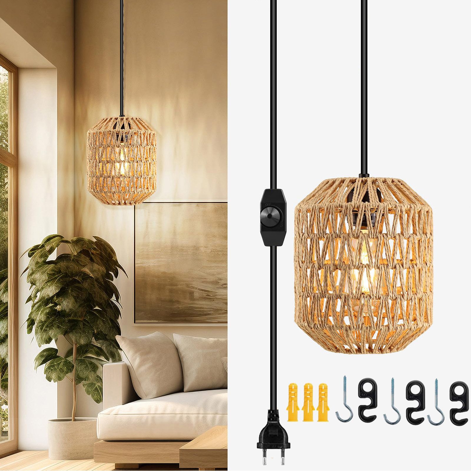 LMaxhome Pendelleuchte LED-Hängeleuchte Dimmbar Rattan Optik günstig online kaufen