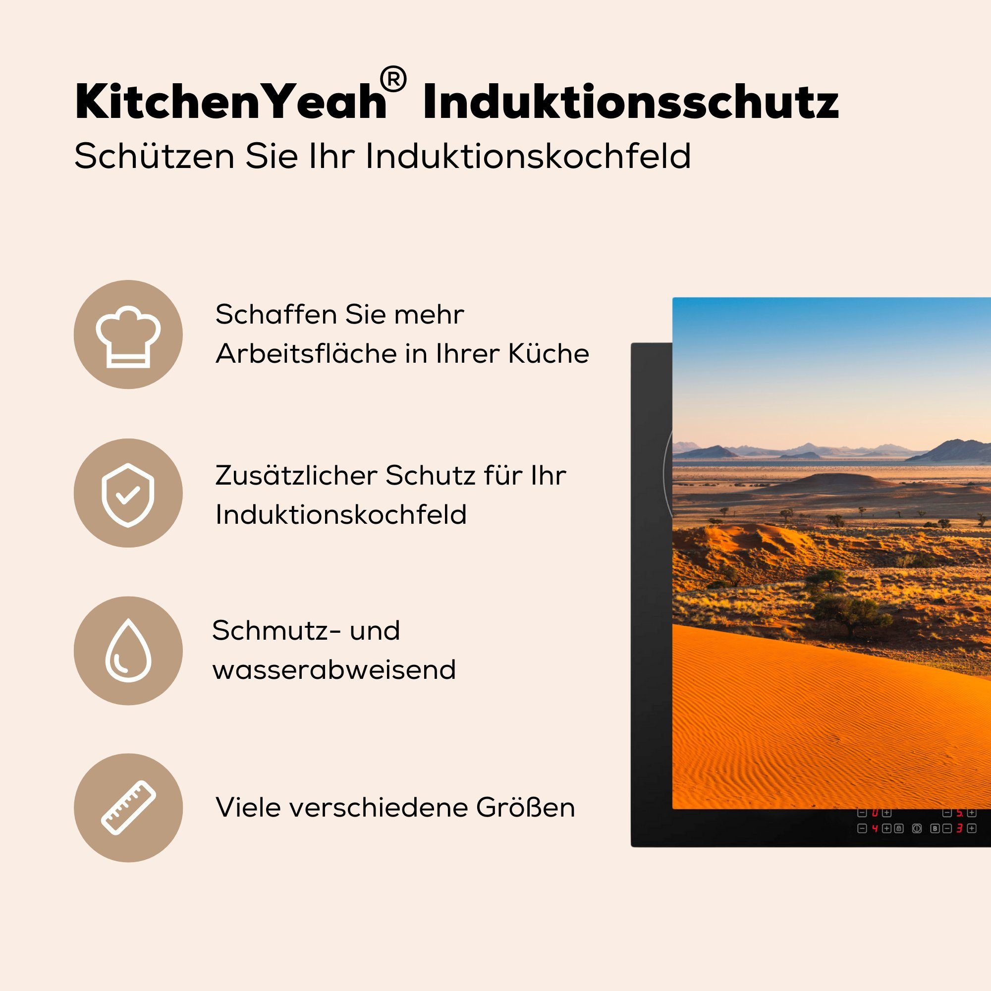 MuchoWow Herdblende-/Abdeckplatte Namib-Wüste bei Sonnenaufgang, Vinyl, küche, (1 die tlg), Induktionskochfeld Ceranfeldabdeckung Schutz 81x52 für cm
