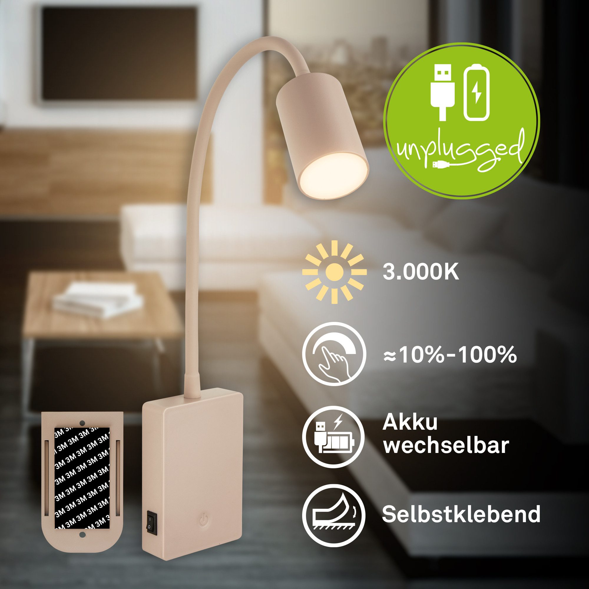 Briloner Leuchten LED Nachttischlampe Wandlampe kabellos Leselampe Akku Touch Dimmbar USB-C Schlafzimmer, LED fest integriert, 3000K, 7x51x4,5 cm, Schlafzimmer, Kinderzimmer