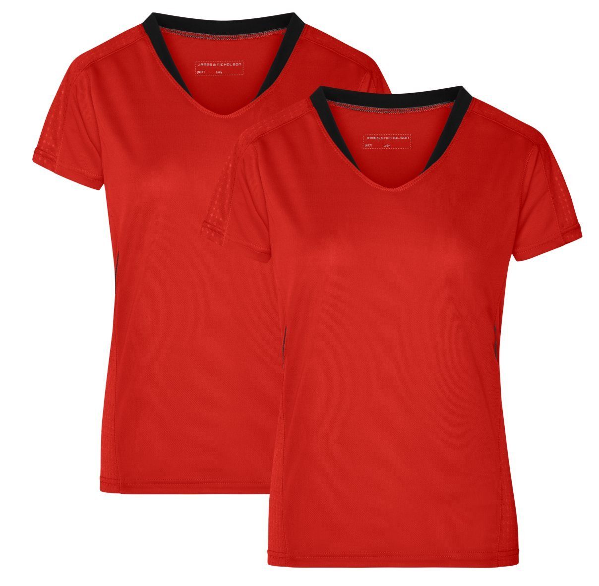James & Nicholson Laufshirt Doppelpack Damen Kurzarm Laufshirt Running T-Shirt JN471 (Doppelpack, 2 Stück) Atmungsaktiv und Feuchtigkeitsregulierend tomato/black