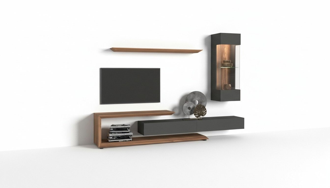 Xlmoebel Wohnwand Wandschrank Walnuss natur mit anthrazit mattem Finish, (3-St), Made in Europa