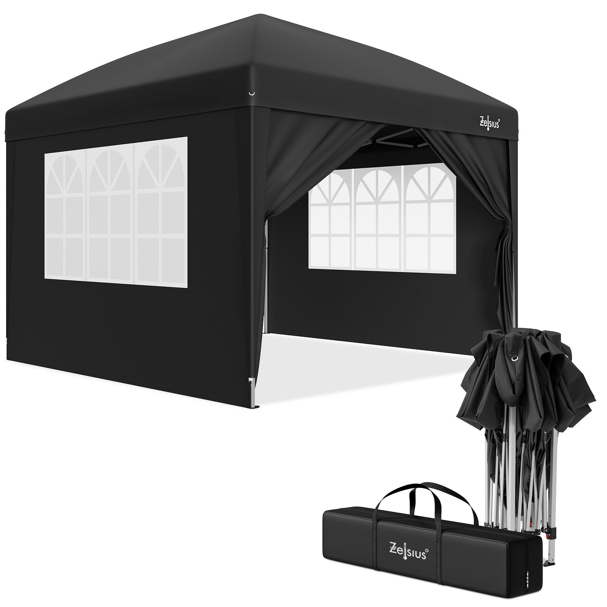 Zelsius Faltpavillon Faltbarer Pavillon 3x3 m mit Seitenwänden, Schwarz, Faltpavill, Löcher in den Füßen zur sicheren Befestigung mit Heringen