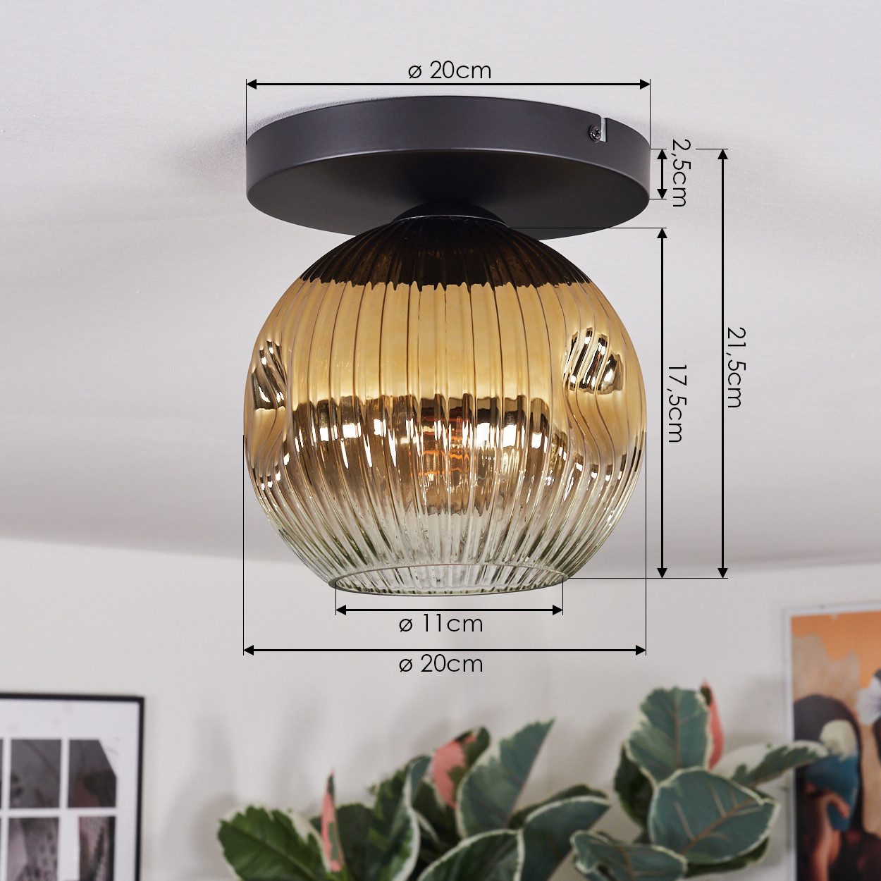 hofstein Deckenleuchte Deckenlampe aus Metall/Riffelglas in Schwarz/Goldfarben/Klar, ohne Leuchtmittel, Leuchte im Retro/Vintage-Design mit Glasschirm (20 cm), 1 x E27