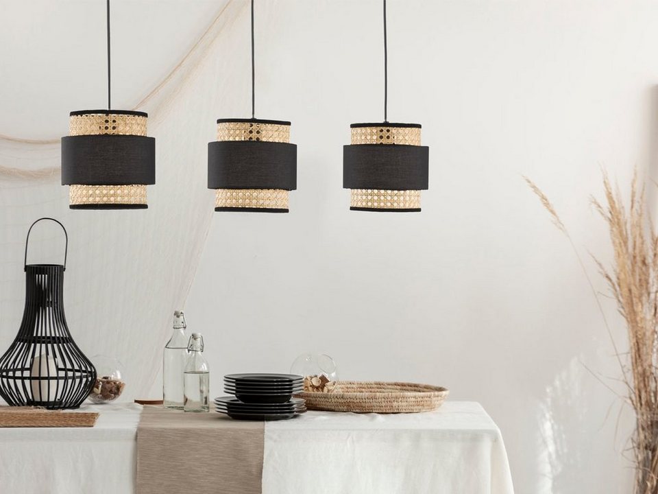 FISCHER & HONSEL LED Pendelleuchte, Korblampe dreiflammig Rattan Stoff-Schirm, Vintage Rattan-Lampe 3-flammig dimmbar mit Lampen-Schirmen Wiener…