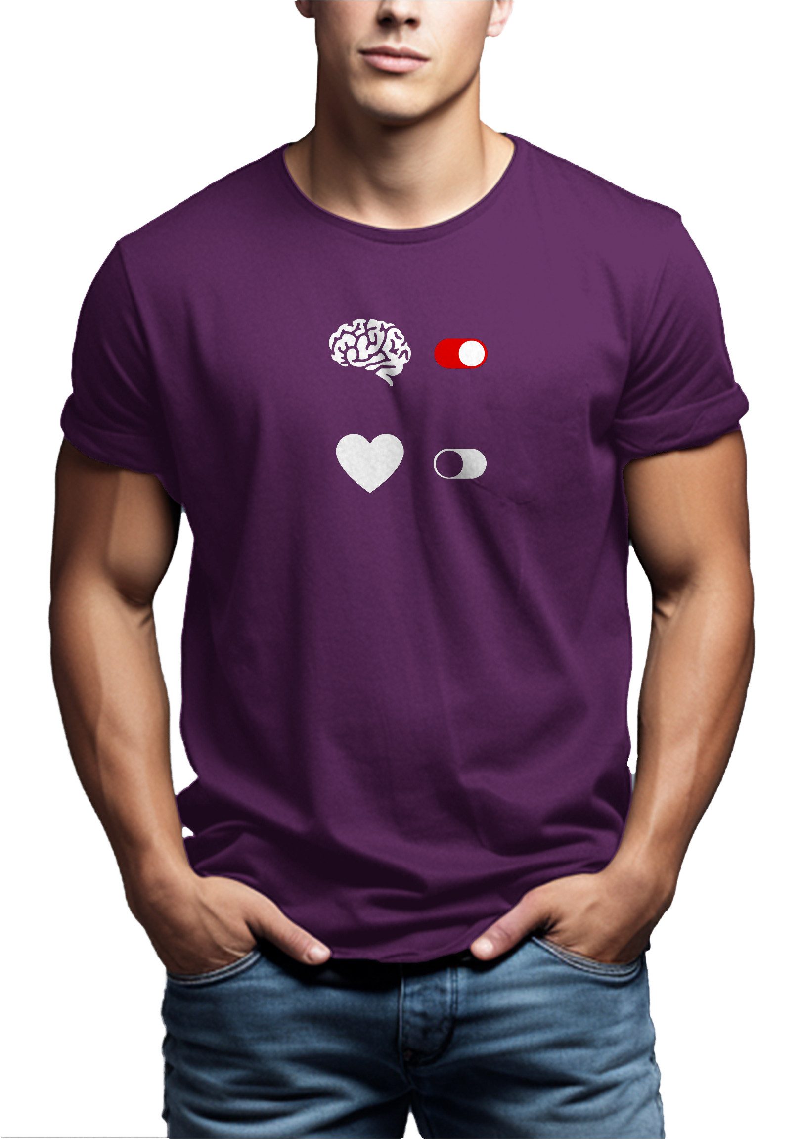 MAKAYA T-Shirt Lustiges Printshirt für Männer – Brain On Heart Off Motiv (Schwarz, Blau, Grün, Grau, Lila, S, M, L, XL, XXL, XXXL, XXXXL, XXXXXL) Baumwolle