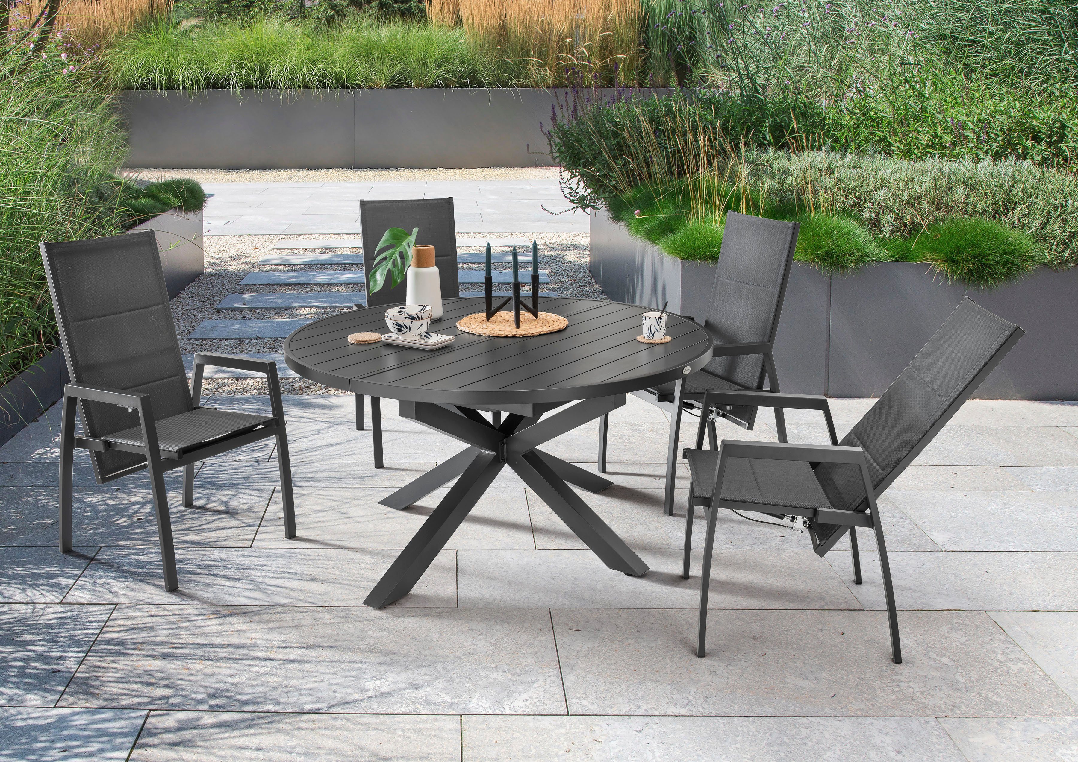 Destiny Garten-Essgruppe COSTA HL ARONA 4 HL+ Ausziehtisch Ø145/199cm, anthrazit, (5-tlg., 4 Hochlehner stufenlos verstellbar, 1 Tisch mit Synchronauszug), Aluminium, Textilene