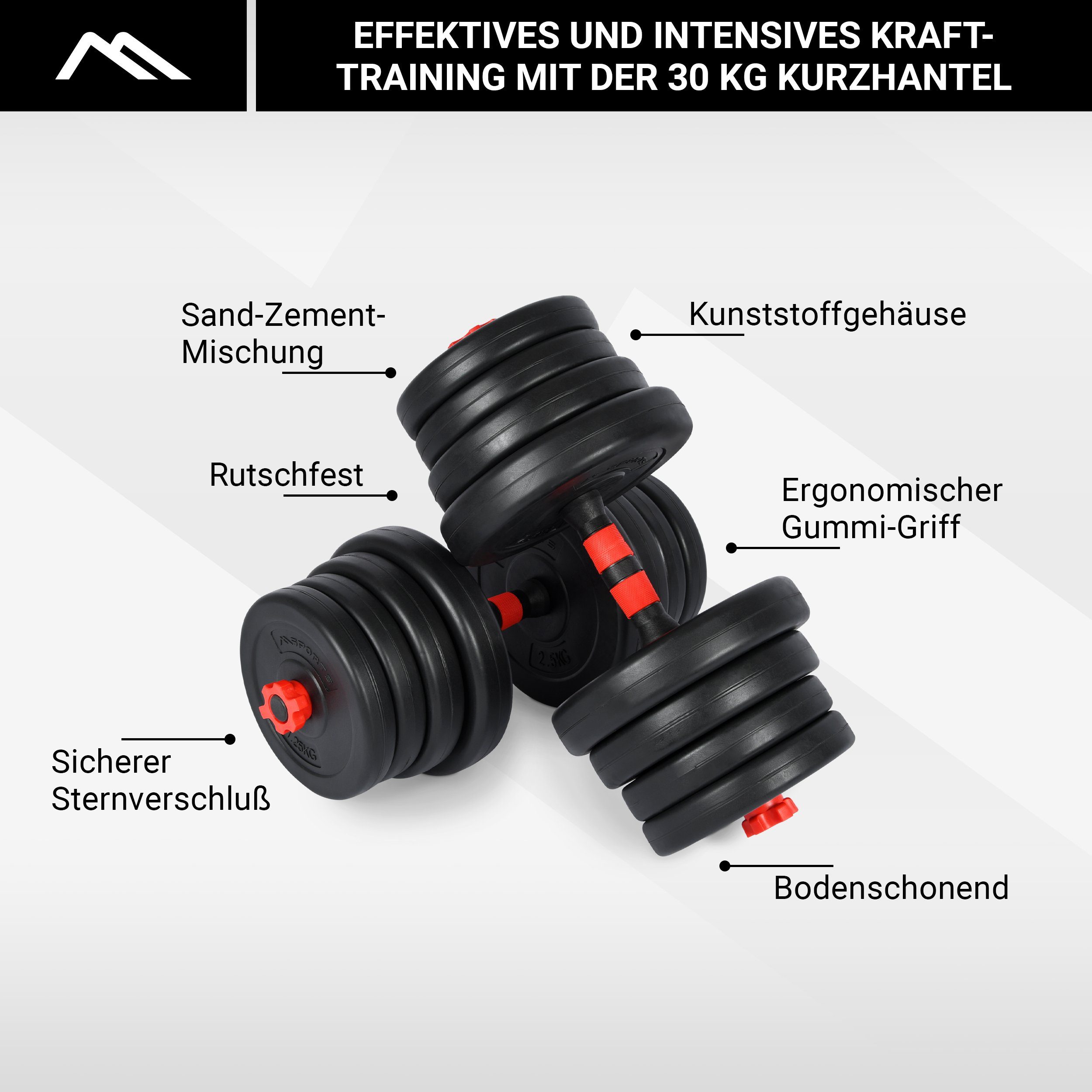 MSports® Hantel-Set 30 verstellbar kg Kurzhanteln Hantelset - 2in1 + Langhanteln