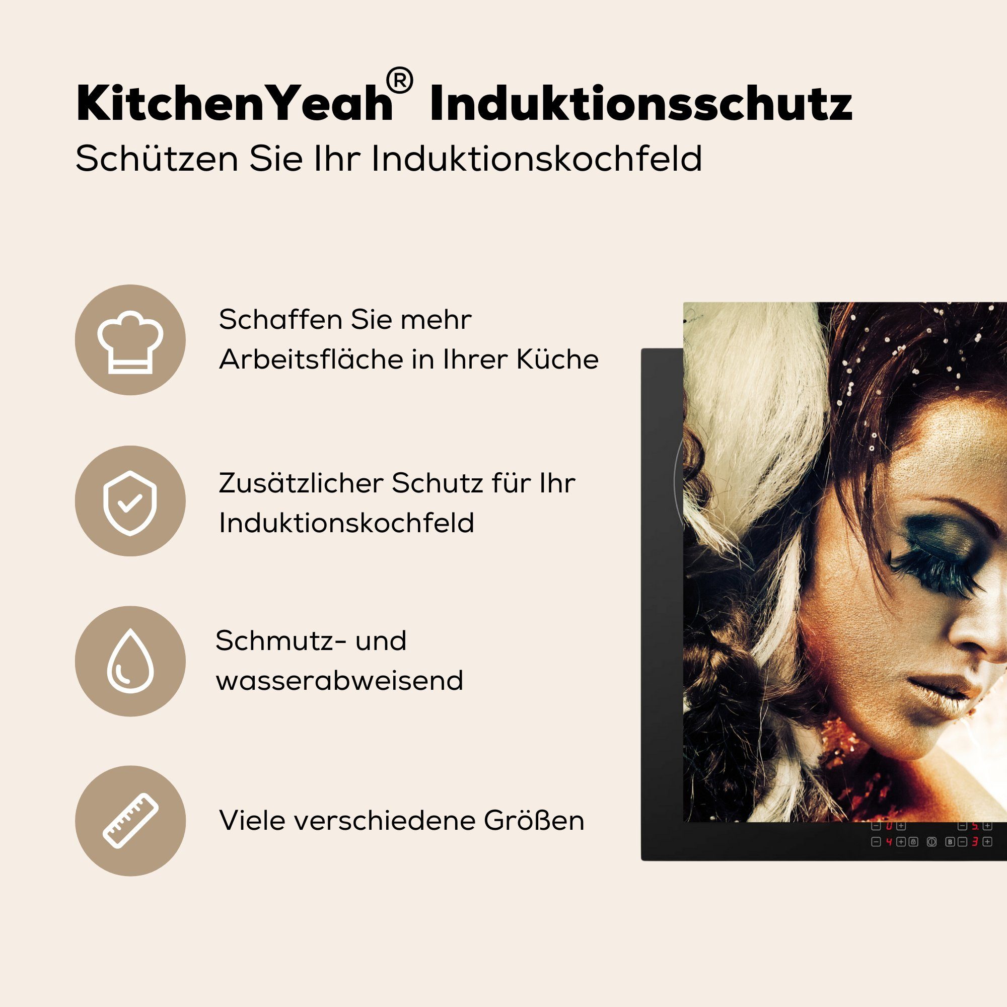 - küche Gold 78x78 tlg), (1 Herdblende-/Abdeckplatte cm, Weiß, Arbeitsplatte MuchoWow - Vinyl, Frau Ceranfeldabdeckung, für
