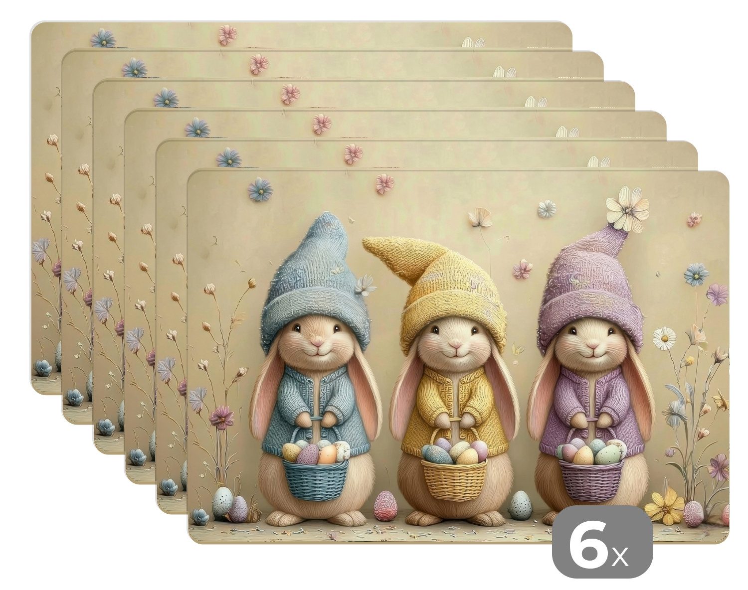 MuchoWow Platzset Hasen - Ostern - Eier - Blumen, (6-St), Platzsets, Tischset, Abwaschbar, Tischsets, Platzdeckchen