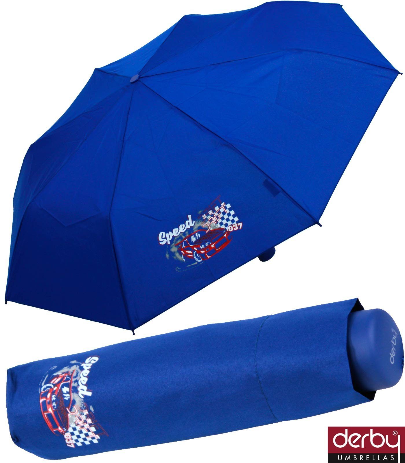 derby Taschenregenschirm Mini Kinderschirm Jungen leicht Kids Schule - blau, ein leichter Schirm für den Schulweg mit coolen Motiven cars speed drift