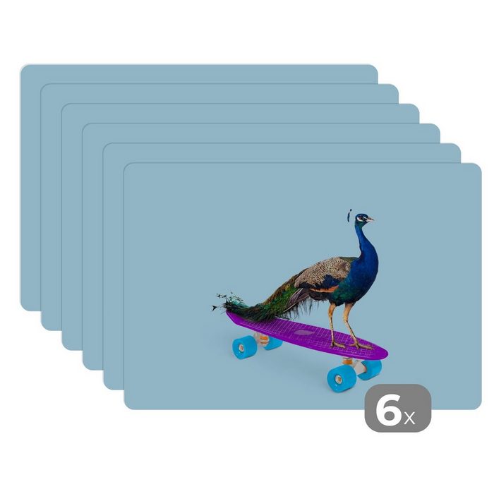 Platzset Pfau - Blau - Skateboard - Tiere - Lustig MuchoWow (6-St) Platzset Platzdecken Platzmatte Tischmatten Schmutzabweisend