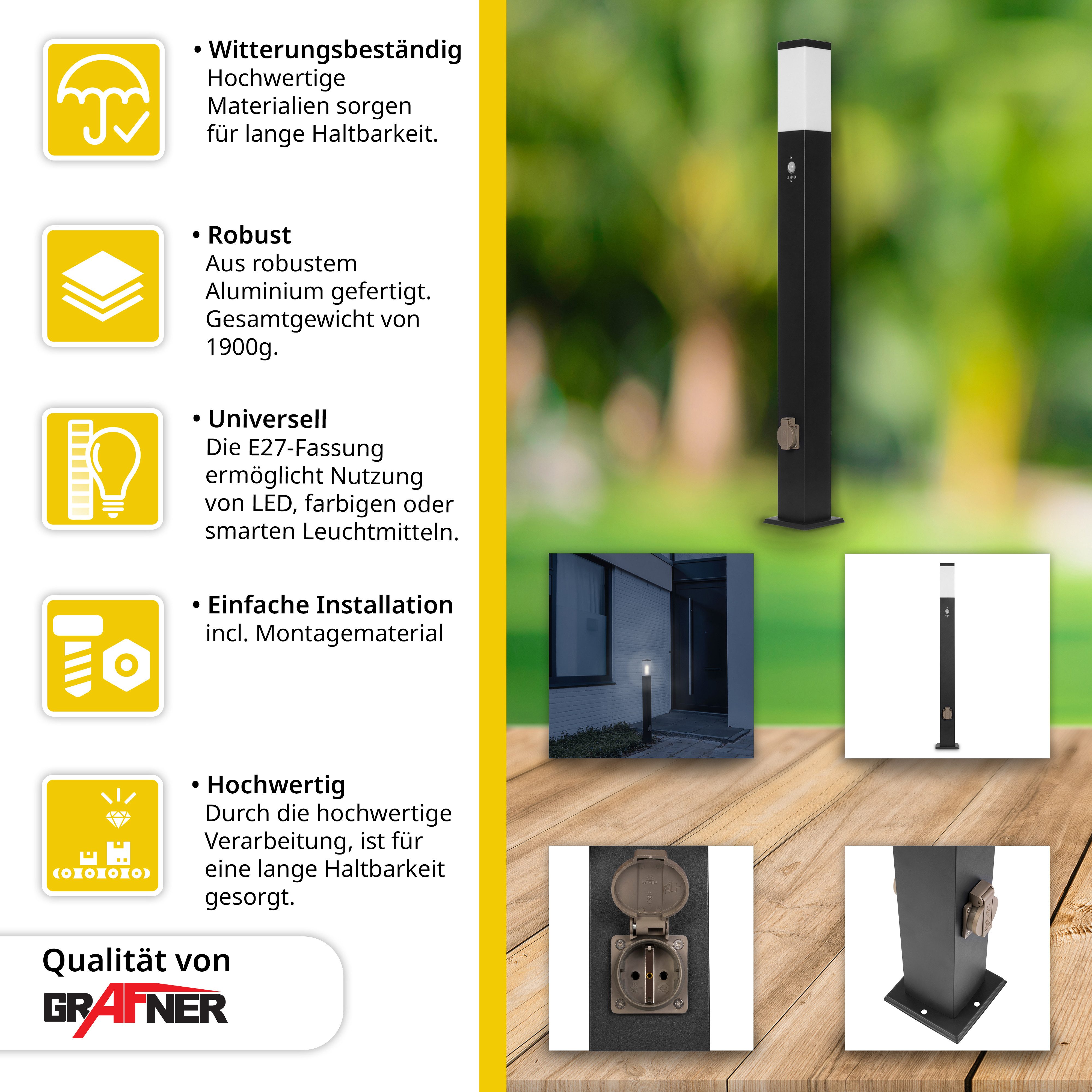 Grafner Außen-Stehlampe Wegleuchte Standleuchte 100cm 2 Steckdosen Bewegung günstig online kaufen