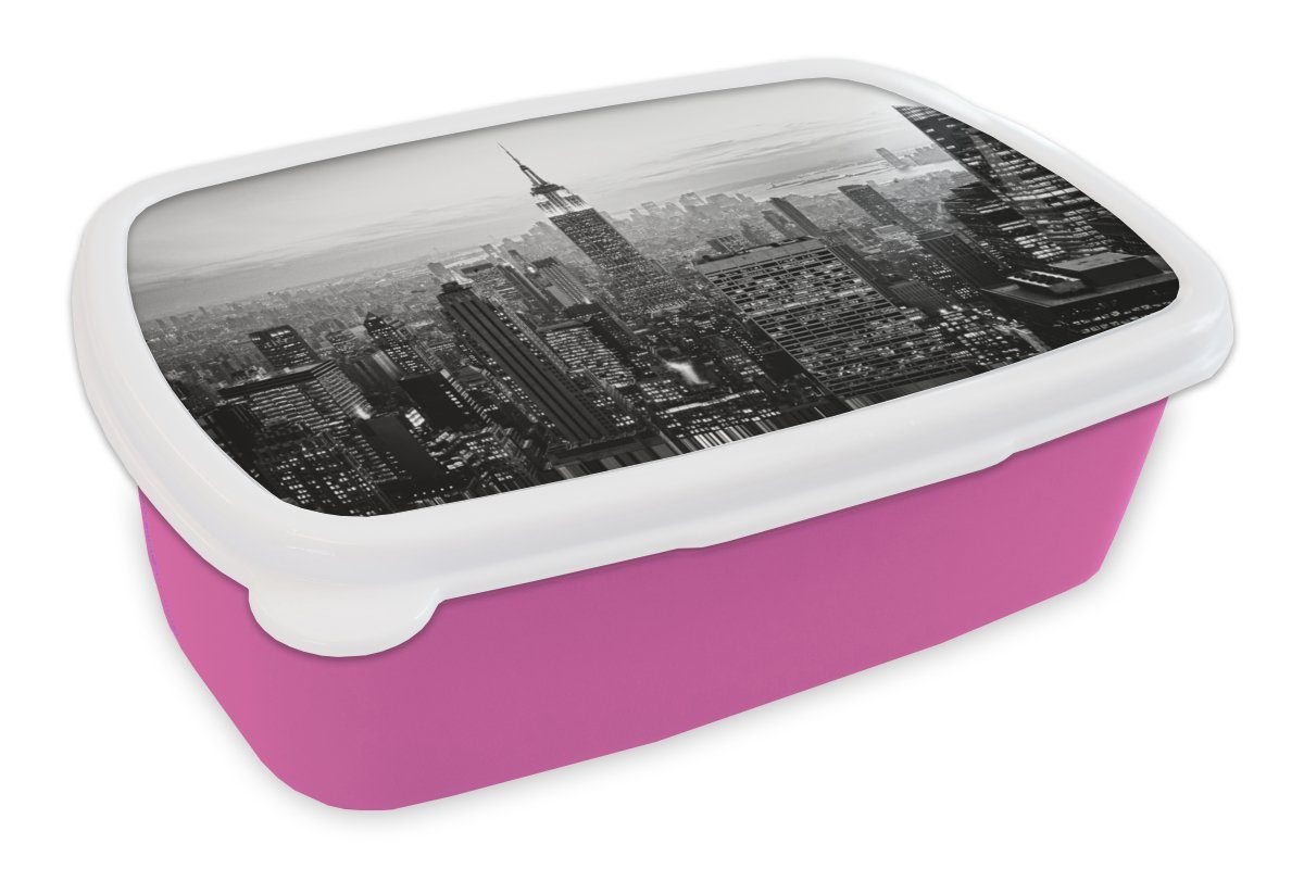 Kunststoff Brotbox (2-tlg), Schwarz-Weiß-Fotodruck, York Lunchbox MuchoWow New Kinder, City Kunststoff, Snackbox, Erwachsene, rosa für Mädchen, Brotdose