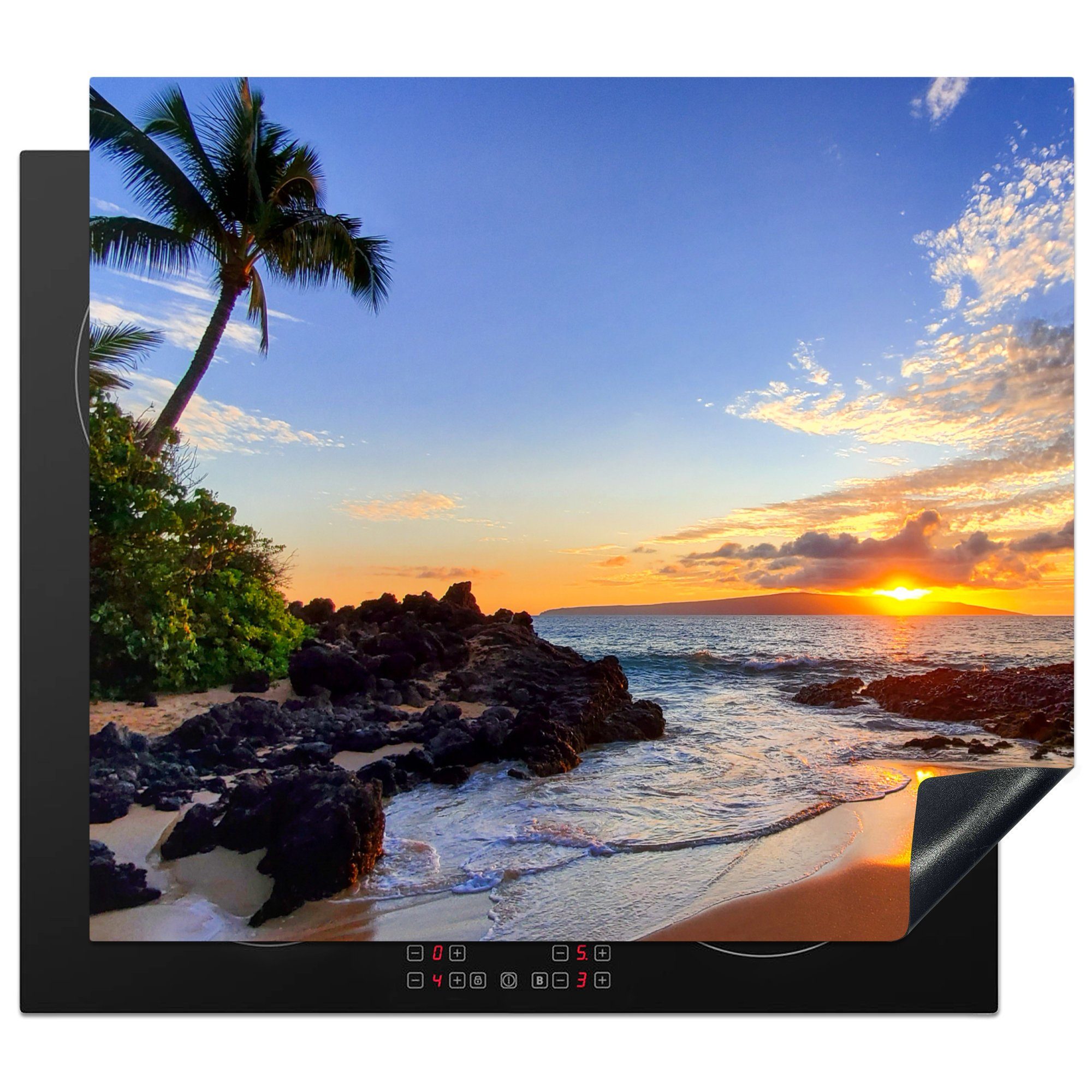 MuchoWow Herdblende-/Abdeckplatte Strand - Meer - Sonnenuntergang - Hawaii, Vinyl, (1 tlg), 58x51 cm, Küchen Dekoration für Induktionsherd, Induktionskochfeld