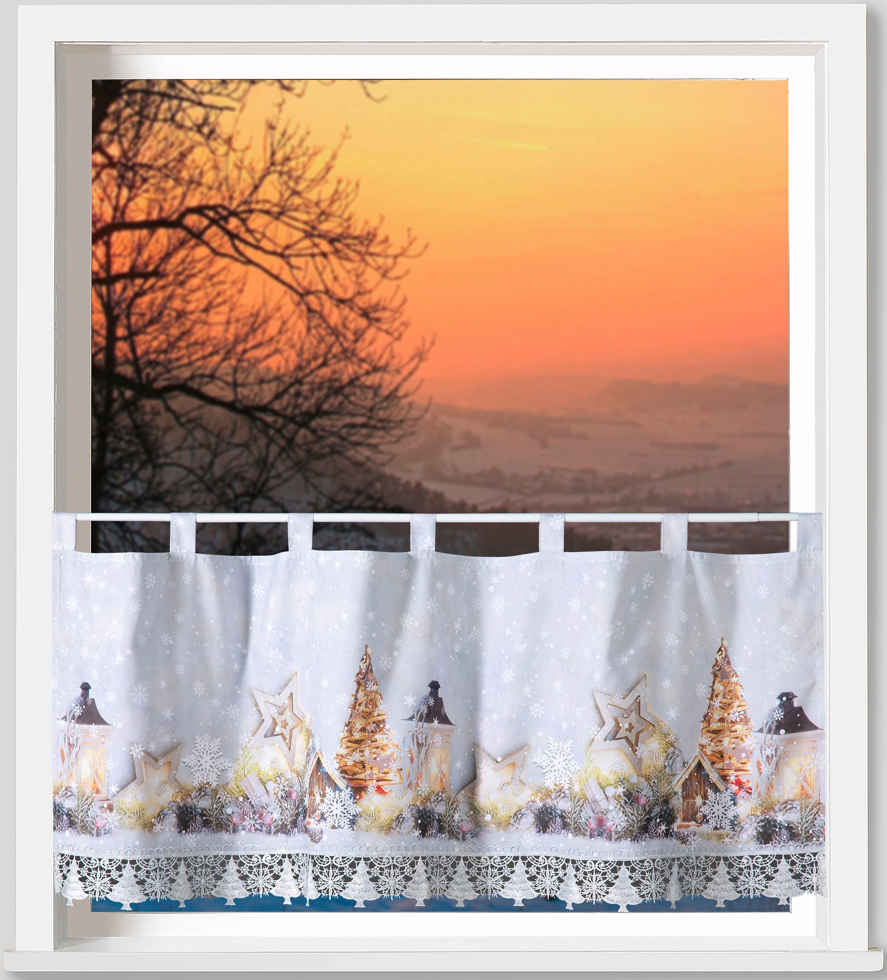Weckbrodt Scheibengardine rustikale Weihnacht (1 St), Schlaufen, blickdicht, Microfaser, Bistro, Gardine, blickdicht, Macramè-Bordüre, HxB 45x120cm, Store