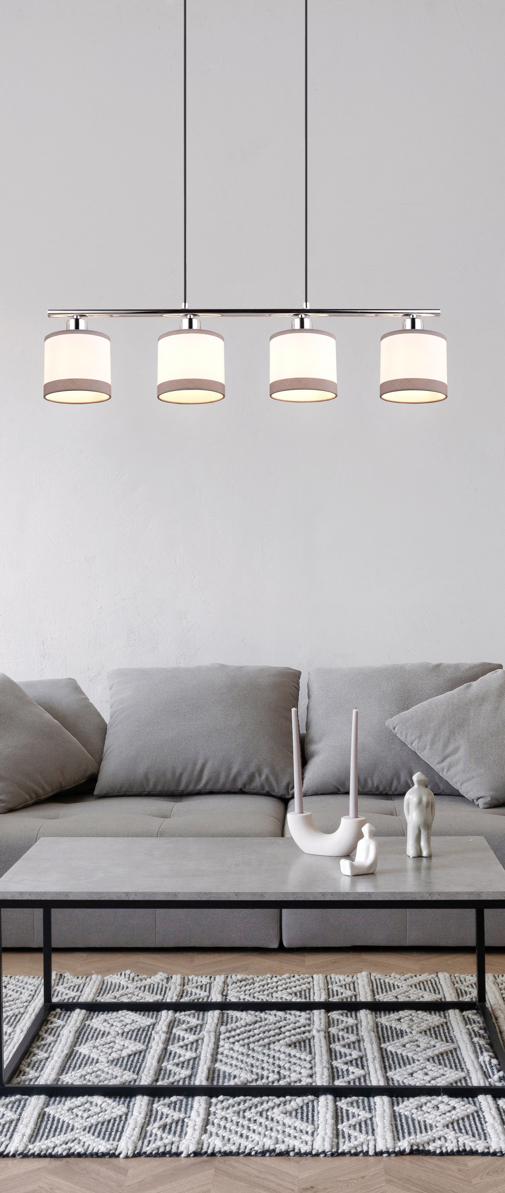 Reality Leuchten Pendelleuchte DAVOS, Hängeleuchte 4-flammig exkl 4x E14 max 10W höhenverstellbar, Leuchtmittel wechselbar, warmweiß - kaltweiß, Hängelampe mit Stoffschirmen 2-farbig Höhe bis max 150cm verstellbar