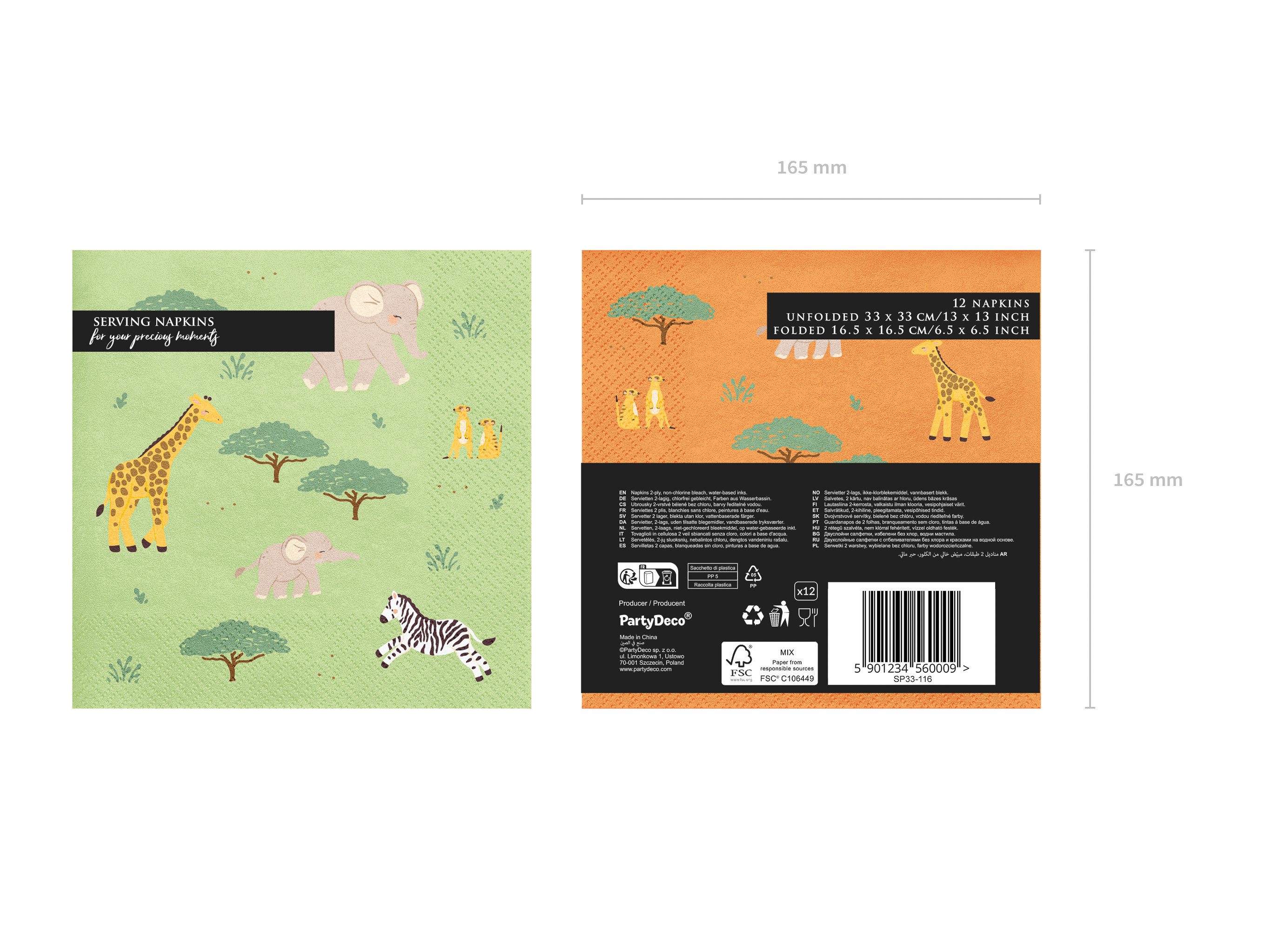 partydeco Papierserviette, Servietten Papier 33x33cm 2-lagig 12 Stück Safari Tiere Grün / Orange