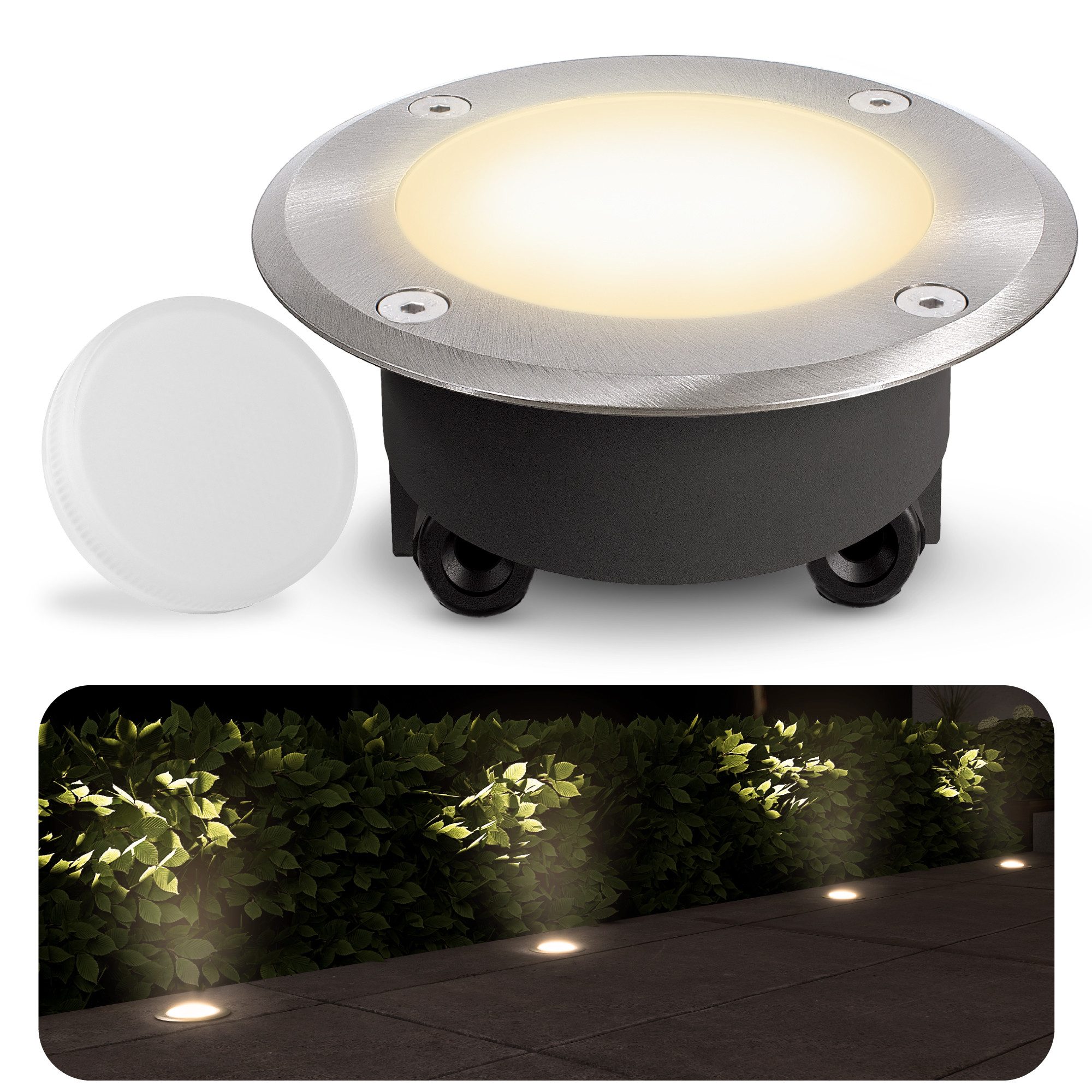 SSC-LUXon LED Gartenstrahler VISKOS Bodeneinbauleuchte mit LED GX53 3W warmweiss 230V Bodenstrahler, Warmweiß