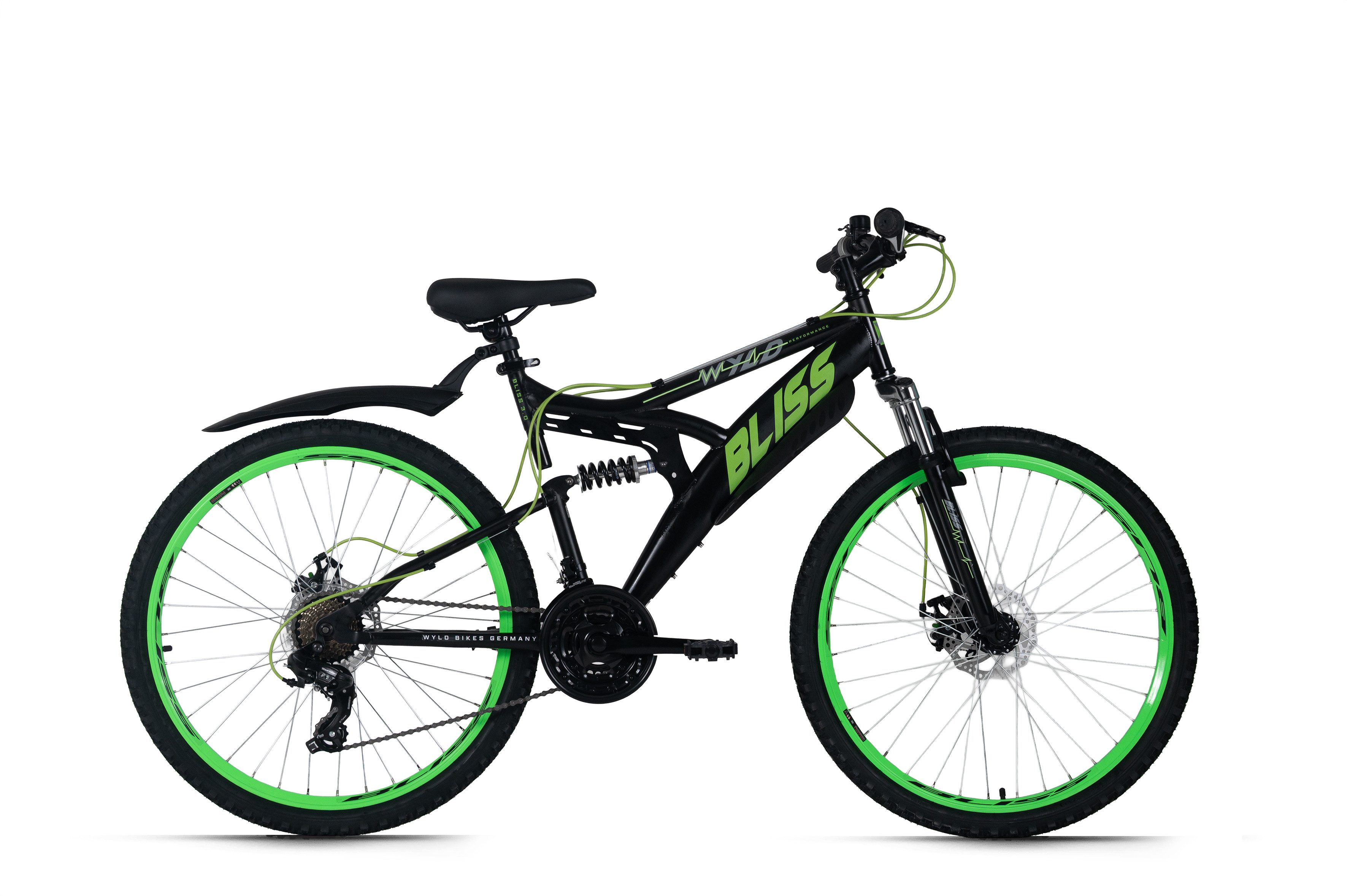 WYLD Mountainbike WYLD Mountainbike Fully 26'' Bliss schwarz-grün 21 Gänge RH 47 cm, 21 Gang Shimano Tourney Schaltwerk, Kettenschaltung
