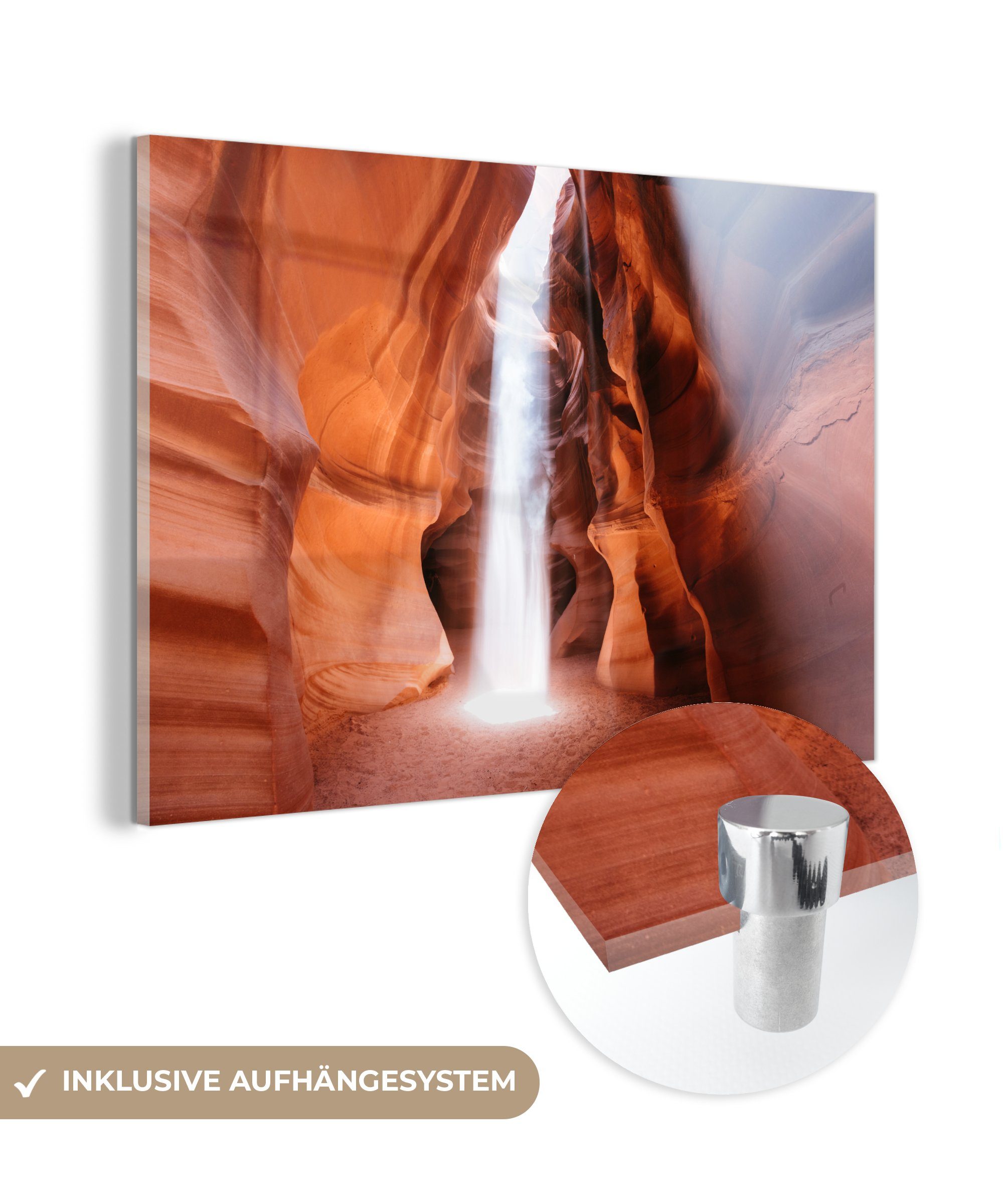 Acrylglasbild dem Sonnenstrahl & Acrylglasbilder des MuchoWow Antelope Sand (1 St), Schlafzimmer Wohnzimmer Canyon, auf