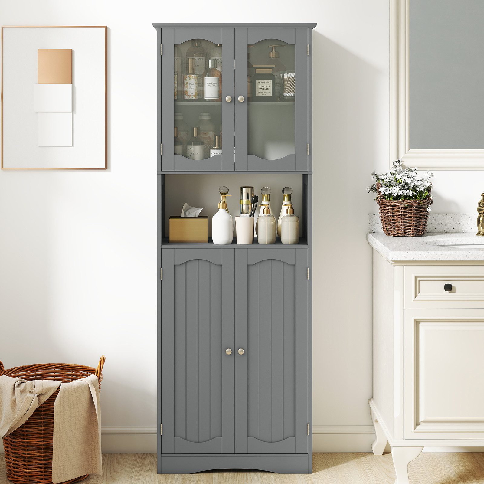 COSTWAY Hochschrank Küche, Badezimmerschrank, mit 4 günstig online kaufen