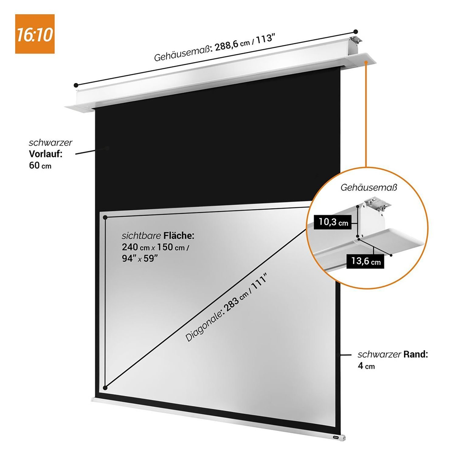 Celexon Motorleinwand x 1,2) Deckeneinbau Gain 16:10, 150cm, Pro+ (240