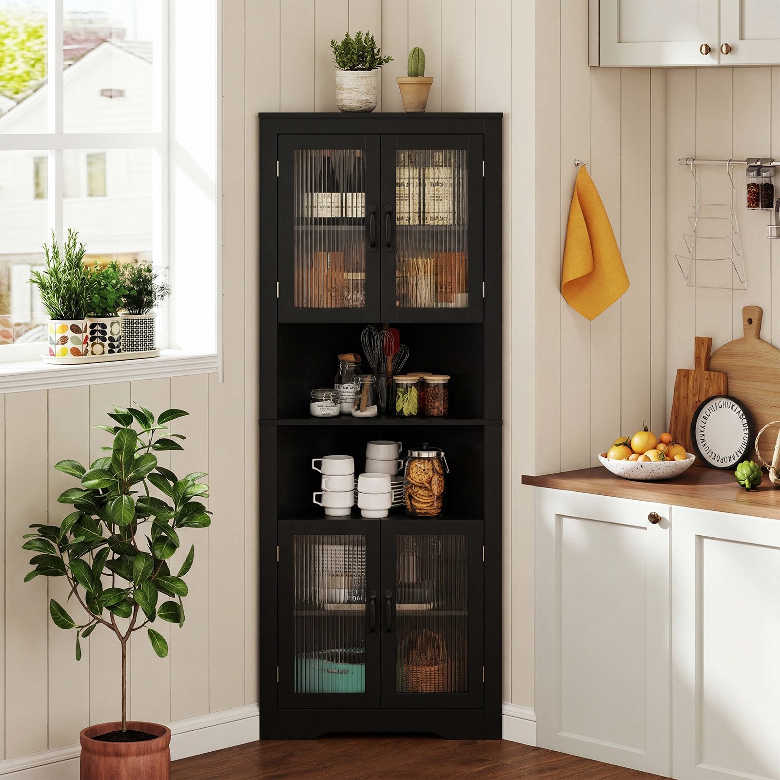 COSTWAY Vorratsschrank Hochschrank Eckschrnk mit Stauraum, weiß