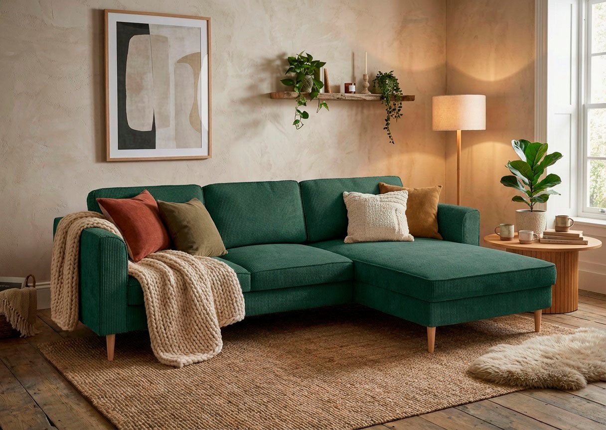 Home affaire Ecksofa Booster, whlw. mit Schlaffunktion & Bettkasten, Fuß Buche lackiert, Recamiere beidseitig montierbar, L-Form, in Cord & Struktur, B: 232 cm