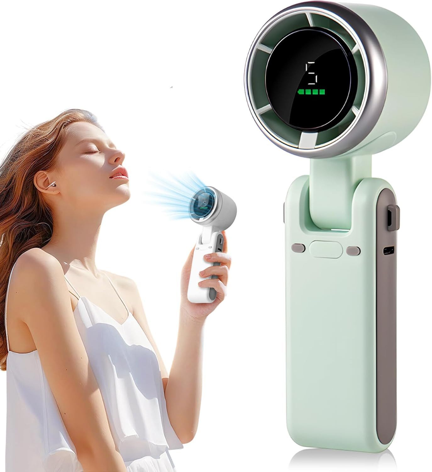 Minicloss Handventilator Tragbarer Turbo Handventilator, 5-stufiger Wind, USB-C&Trageschlaufe, 3-in-1 Hand-, Hals- & Tischventilator, für Reisen, Büro & Outdoor