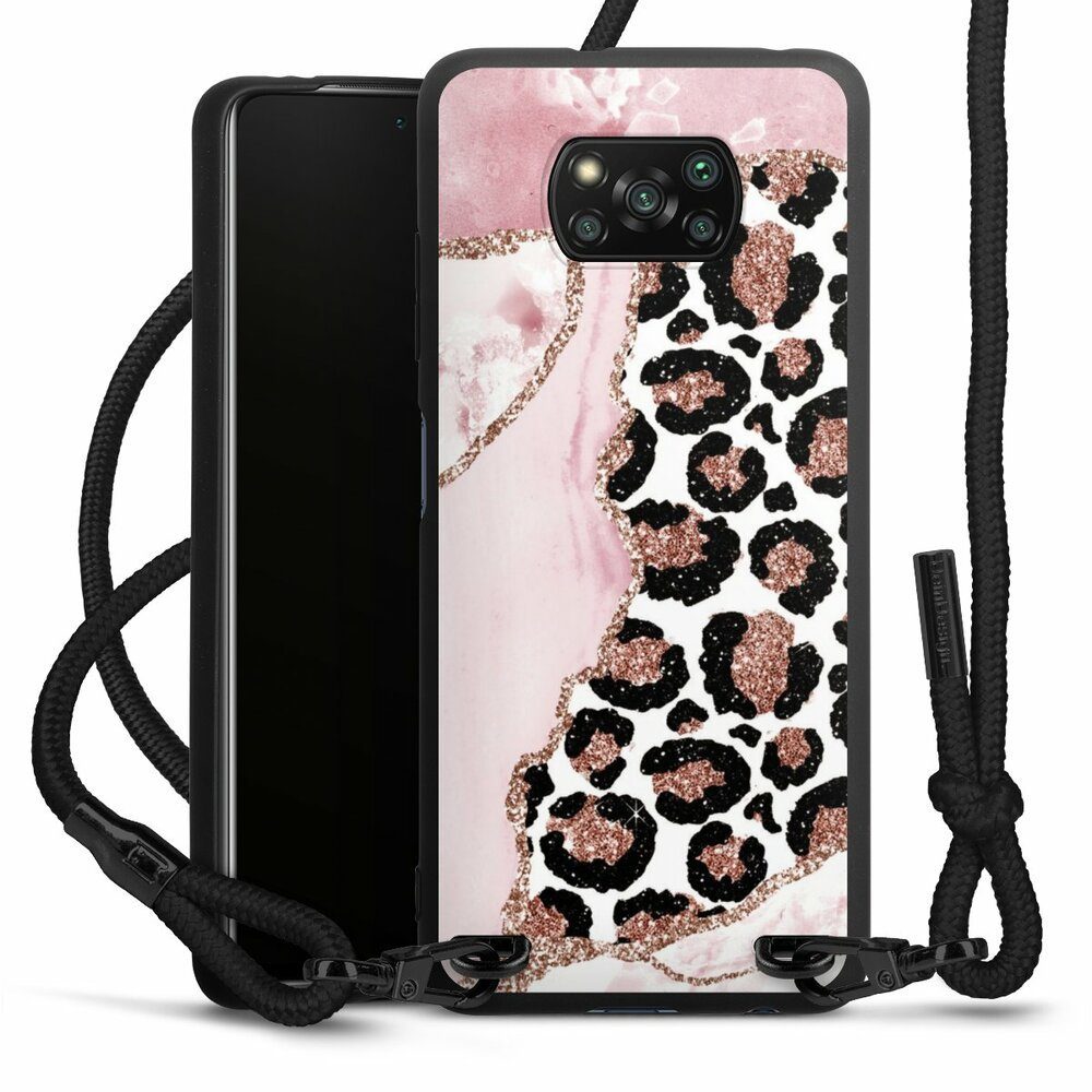 DeinDesign Handyhülle Leopard Glitzer Look Marmor Patterns and Textures Smooth Pink, Xiaomi Poco X3 Pro Premium Handykette Hülle mit Band Case zum Umhängen