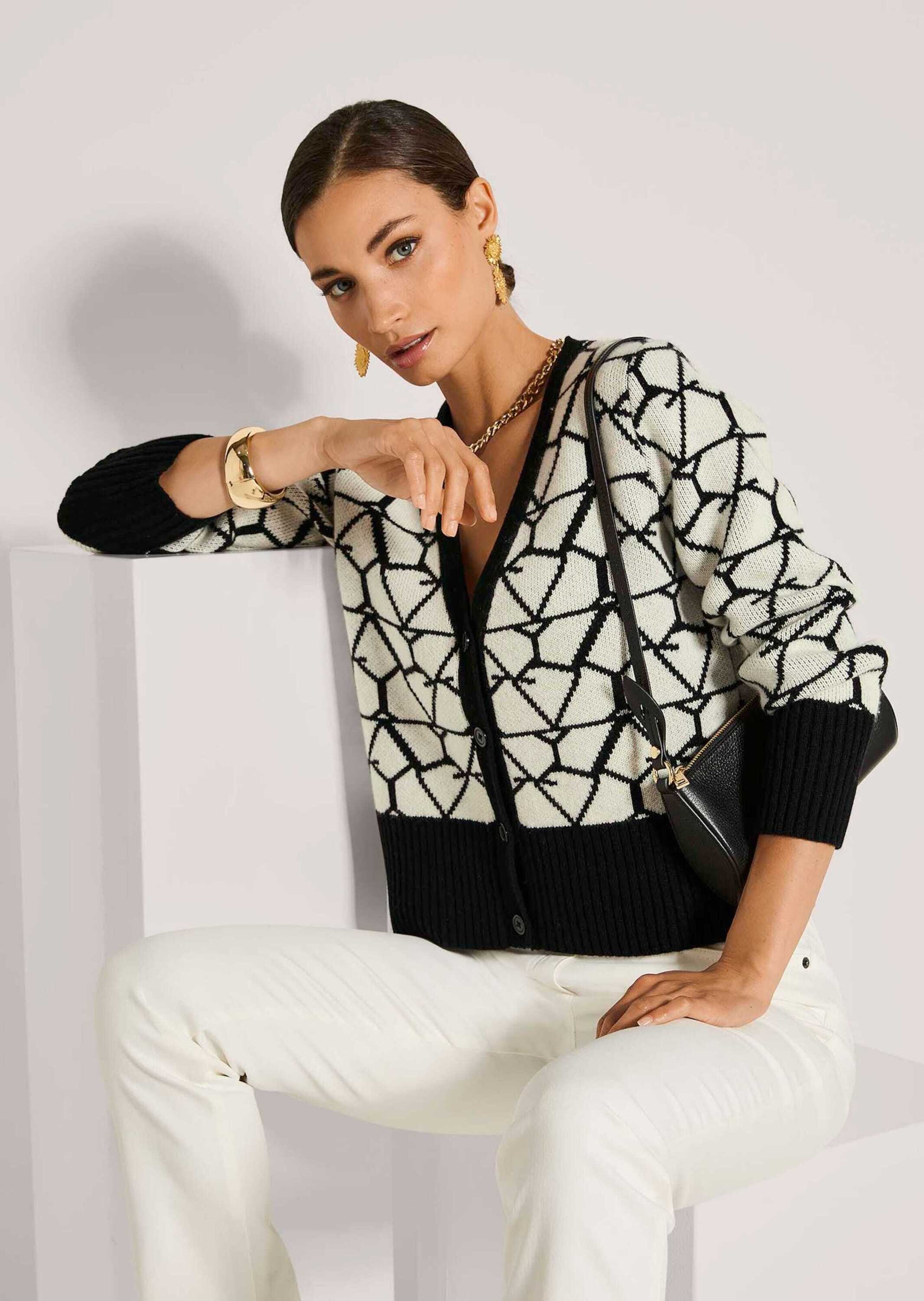 MADELEINE Strickjacke Langarm Jacquard-Cardigan mit Kaschmir Verkürzte Strickjacke mit V-Ausschnitt, Knopfleiste