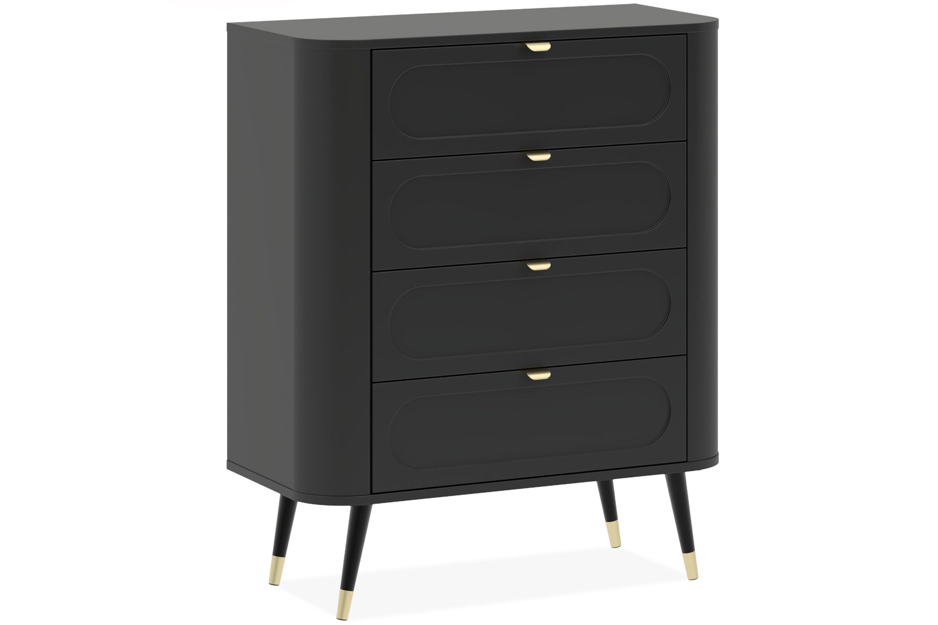 KONSIMO® Kommode LONA Schubladenschrank, hohe Kommode, hergestellt in der EU, 4 geräumige Schubladen, goldene Griffe, hohe Füße 20 cm, Satin-Effekt