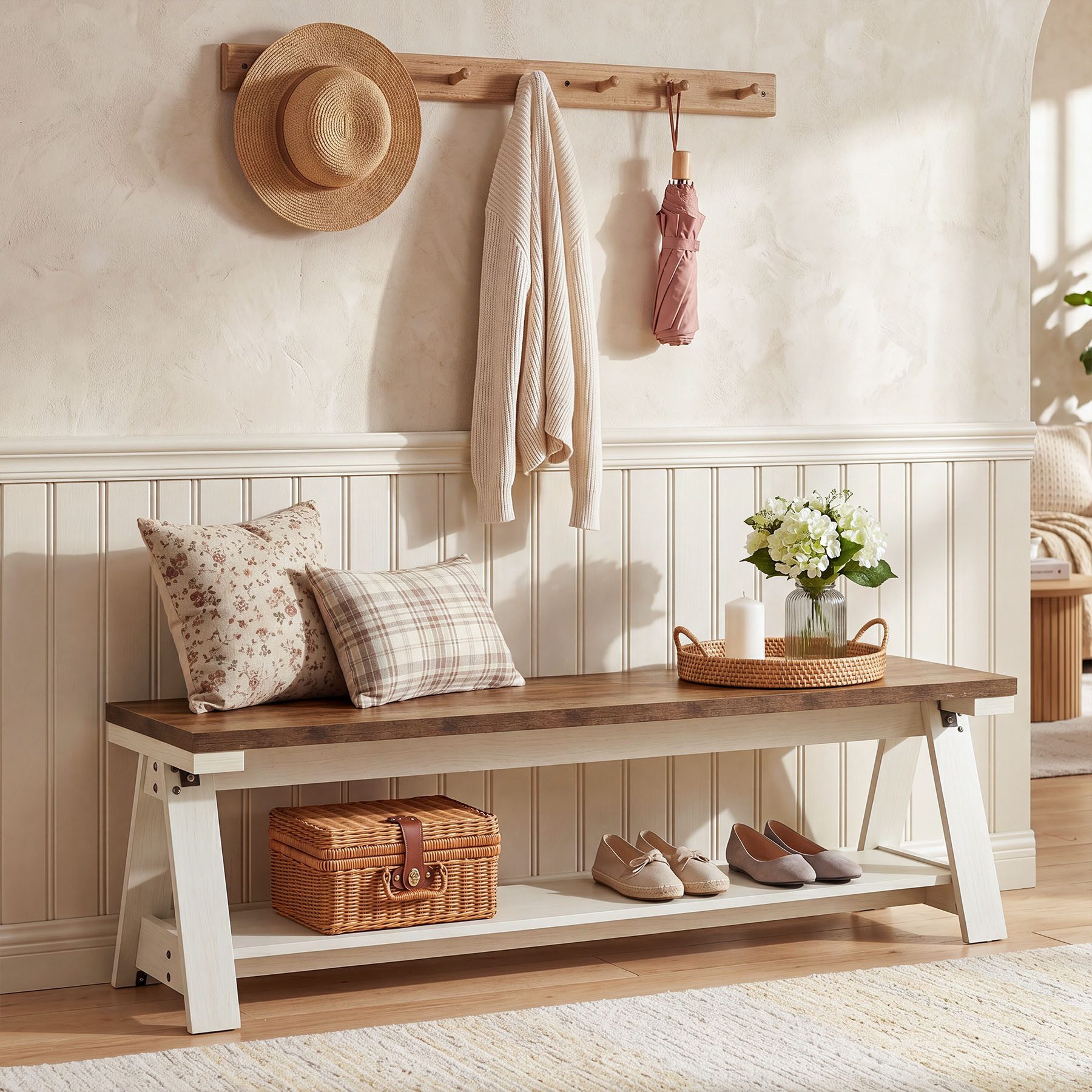 Tribesigns Schuhbank 150 cm lange Holz-Eingangsbank mit offenen Regalen, 2-stufige Bettbank (Landhaus-Esszimmerbank für Küche, Wohnzimmer, Flur, Schlafzimmer)