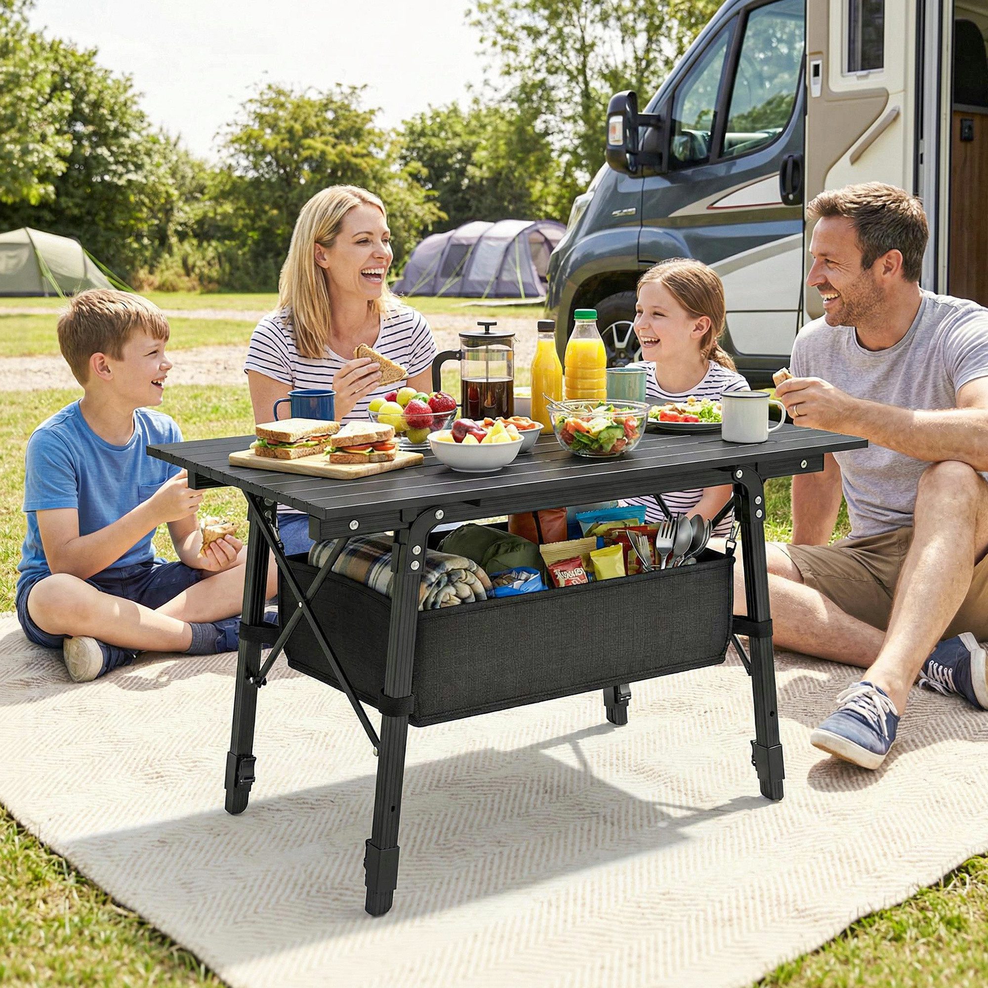Outsunny Campingtisch Klappbarer, höhenverstellbarer, tragbarer Tisch (leichter Picknicktisch aus Aluminiumlegierung, 1-St., mit Aufbewahrungskorb und Tragetasche), für Gartenpartys im Freien, Grillen