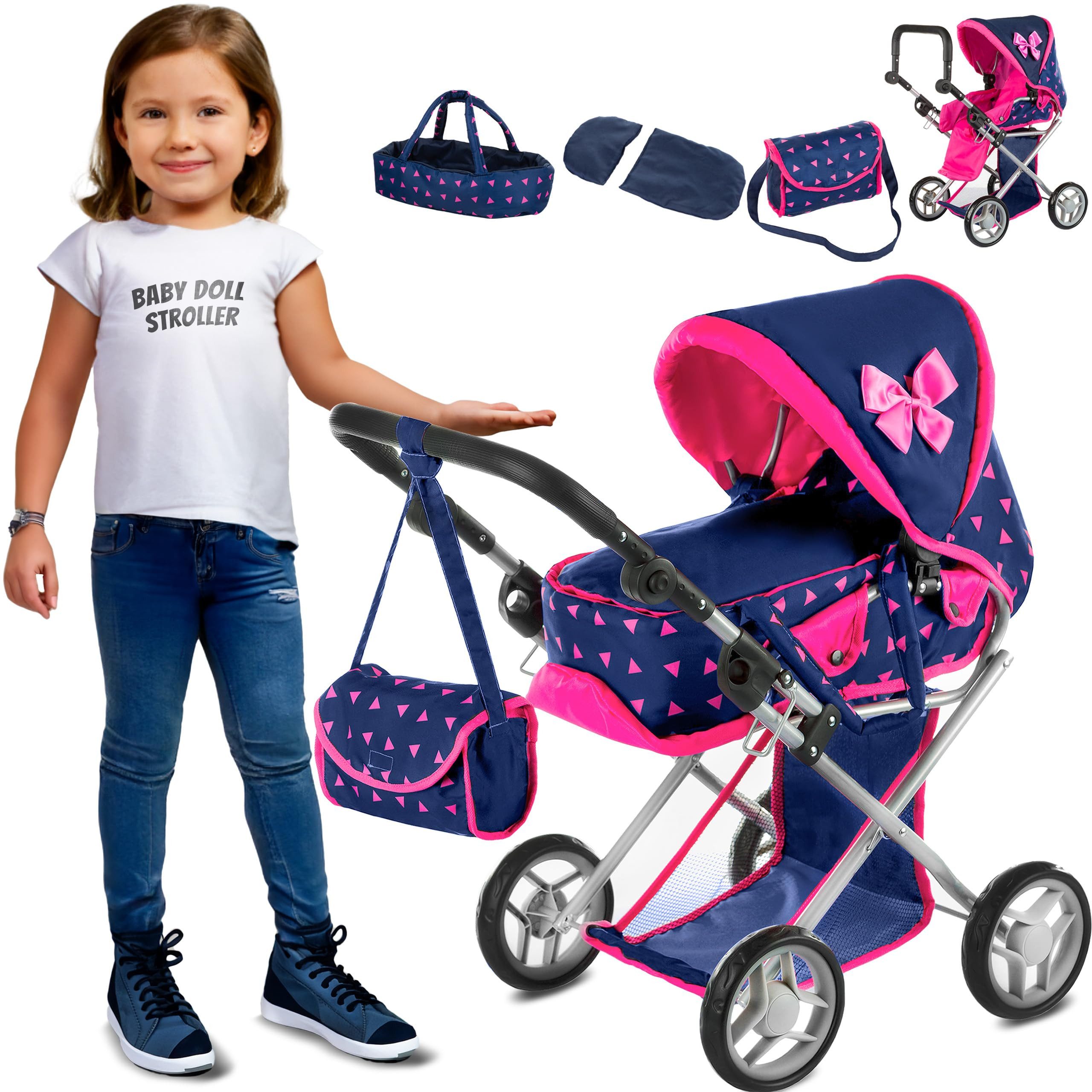kinderplay Puppenwagen Puppenwagen 3in1 – höhenverstellbar – Spielspaß drinnen & draußen, (Set)